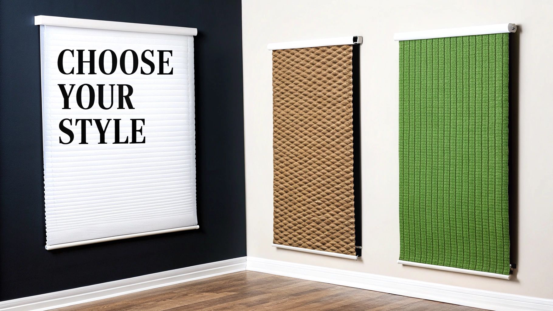 Three different styles of window blinds, including white pleated, brown textured, and green shades.
