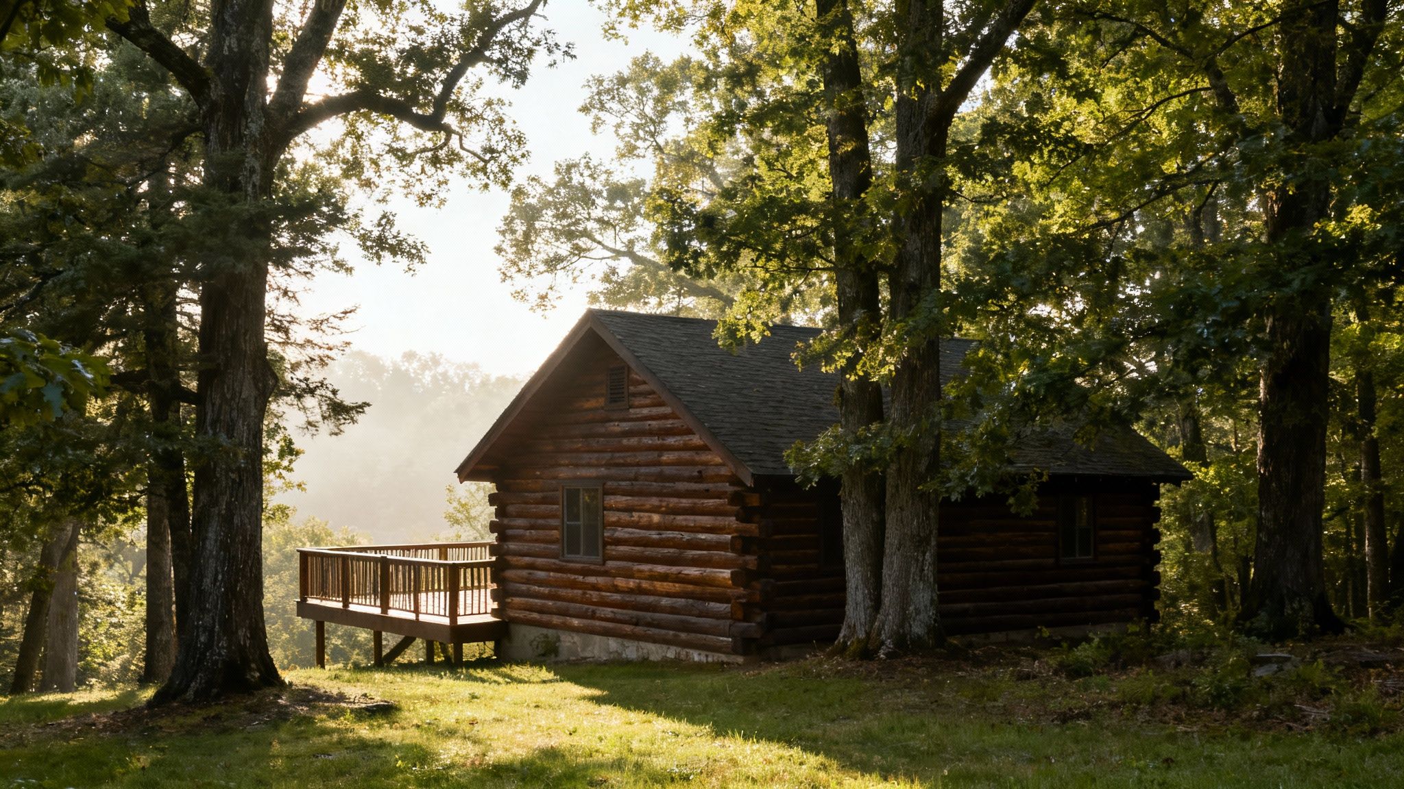 A rustic log cabin with a deck nestled among tall trees, bathed in morning sunlight.