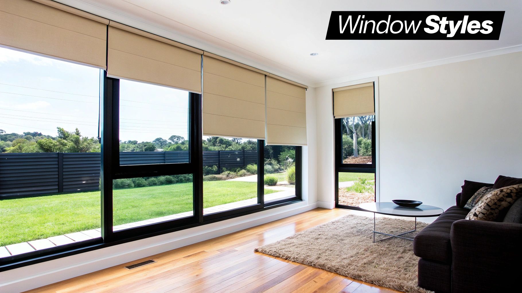 Modern living room with large windows, light roller blinds, dark sofa, and wood floor overlooking a green yard.
