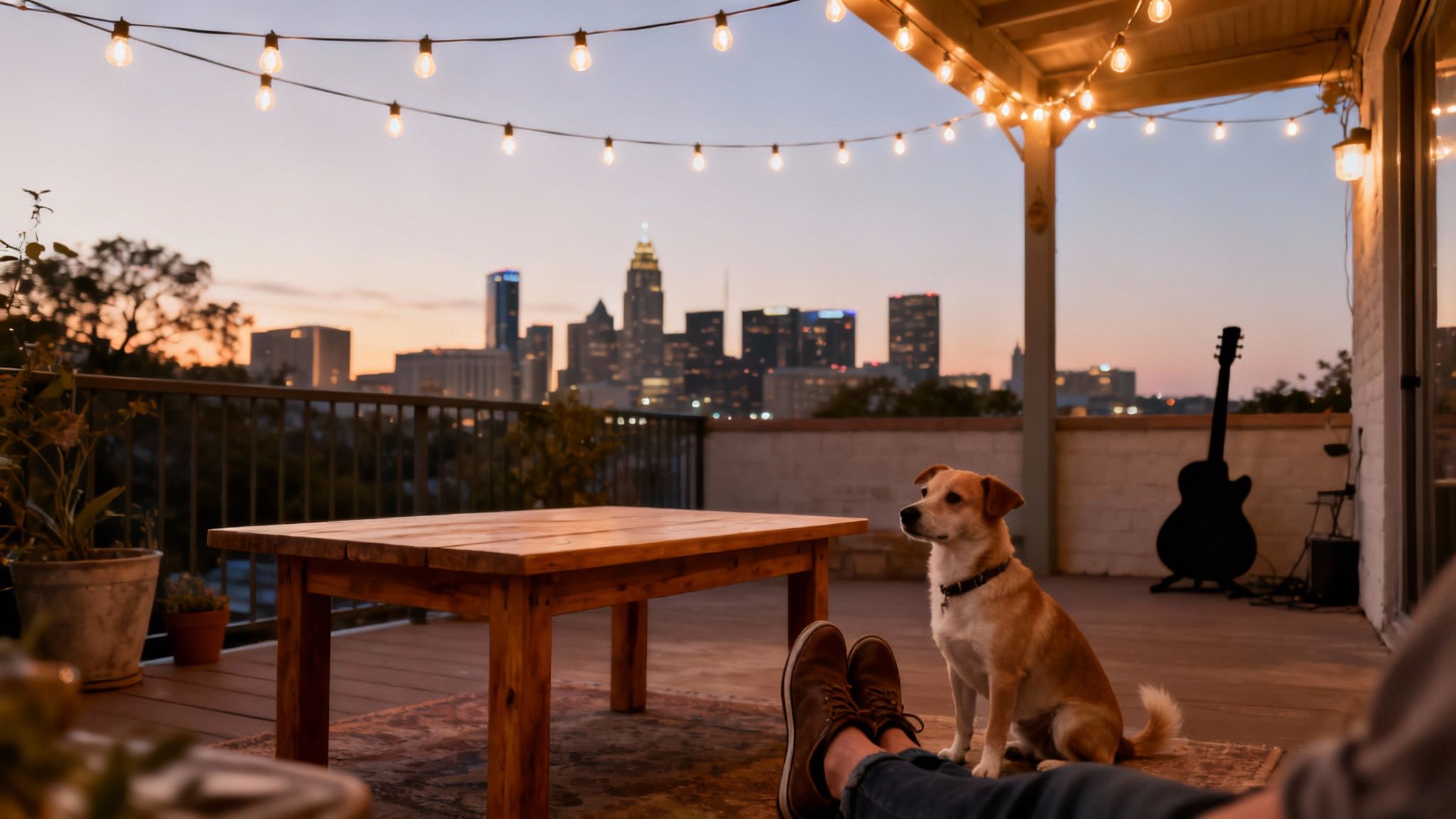 A golden dog relaxing on a cozy illuminated patio overlooking a beautiful city at sunset.