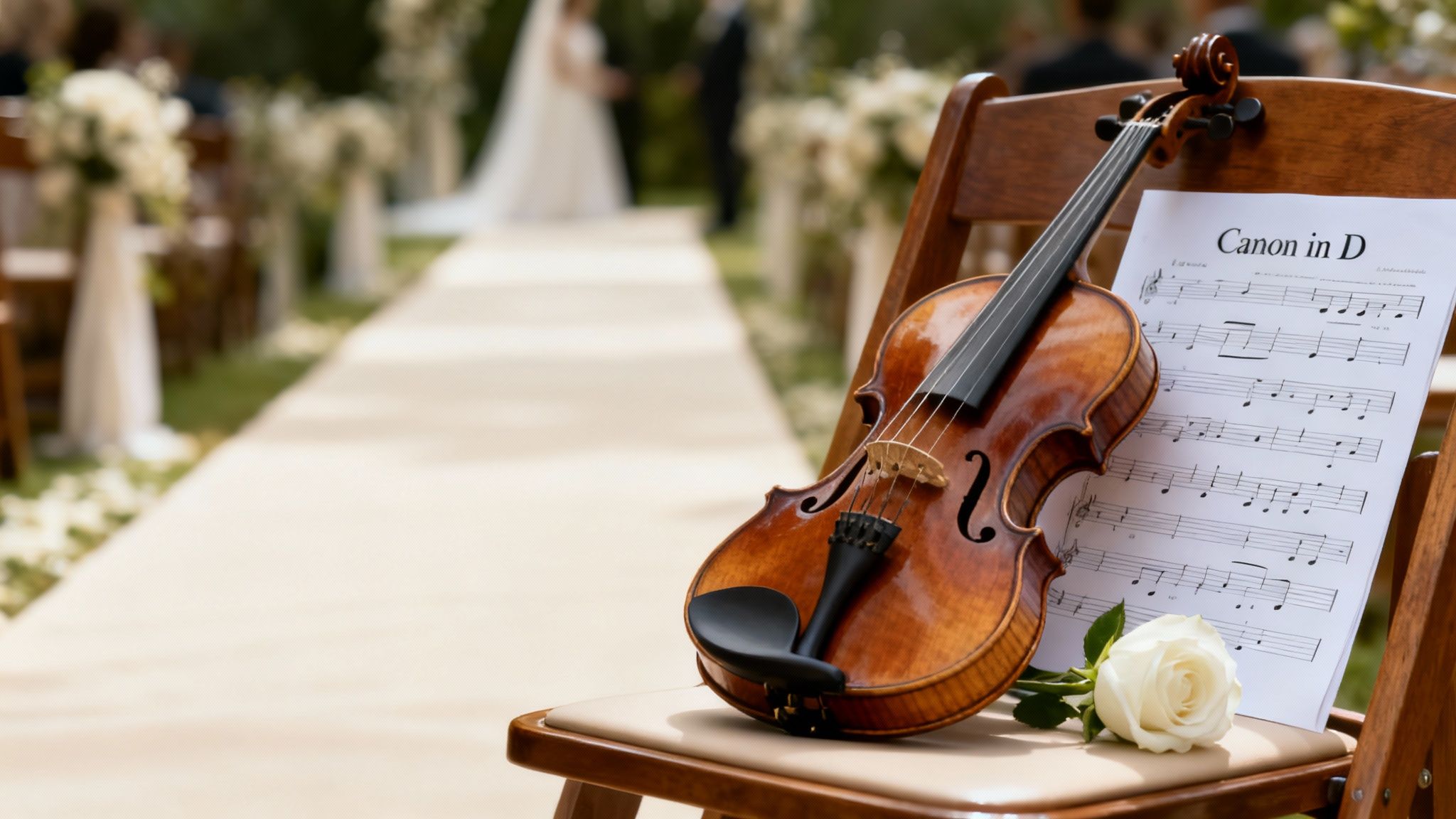 A violin and &#39;Canon in D&#39; sheet music on a chair at a beautiful outdoor wedding ceremony.