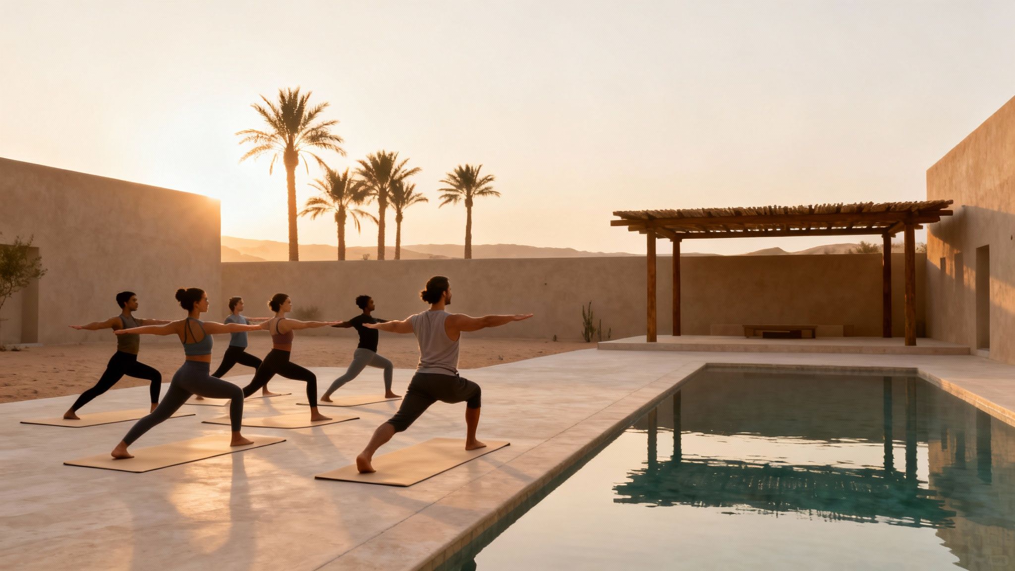 A diverse group of people performing yoga poses outdoors at sunset by a pool.