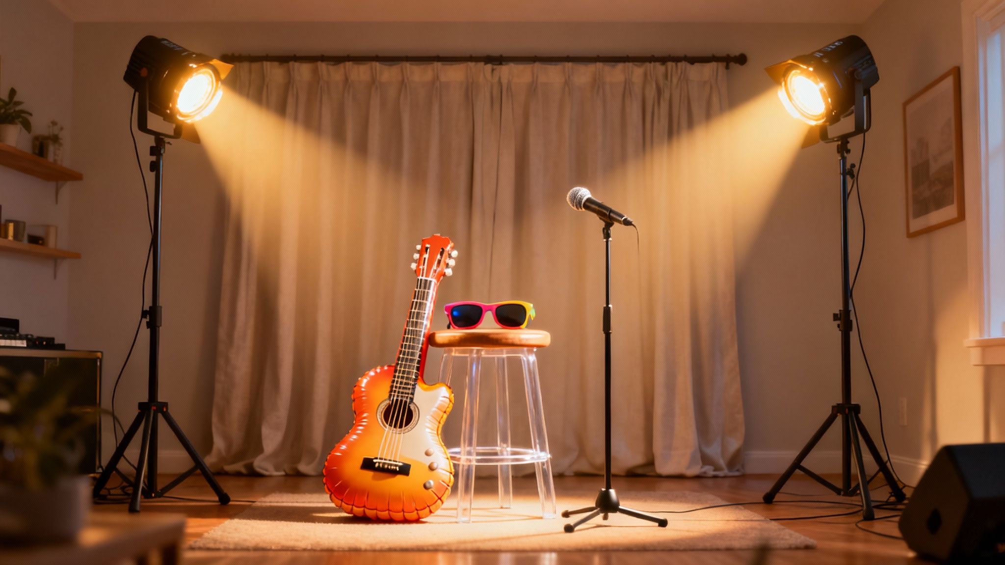 A well-lit stage area at a party with microphones and instruments ready for a performance.