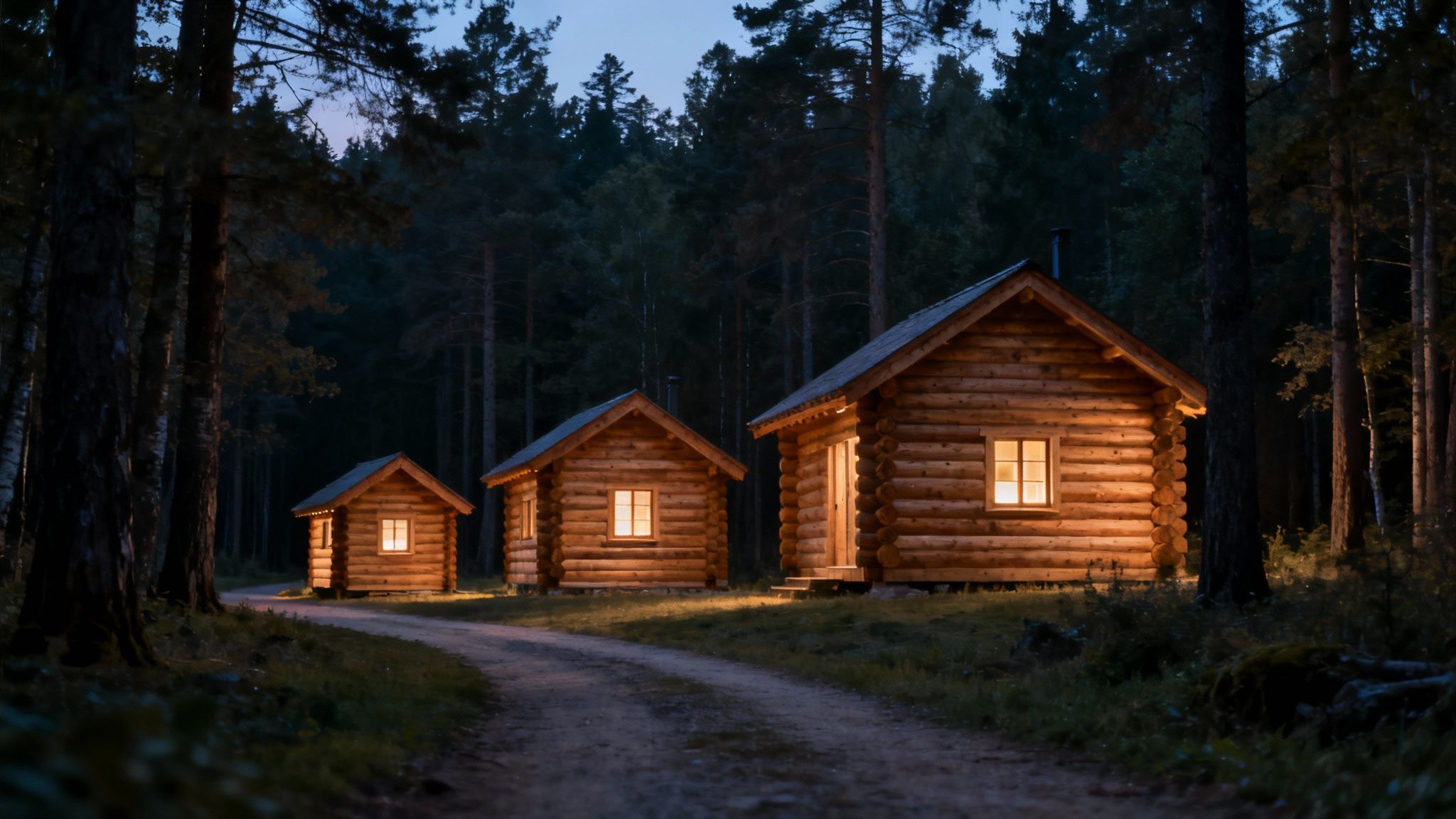 A spacious cabin living room with a stone fireplace, large windows showing a mountain view, and comfortable seating for a group.