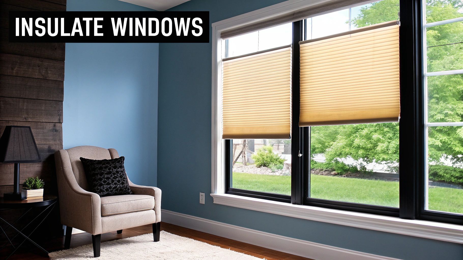 A cozy room featuring a large window with insulating blinds overlooking a vibrant green lawn.