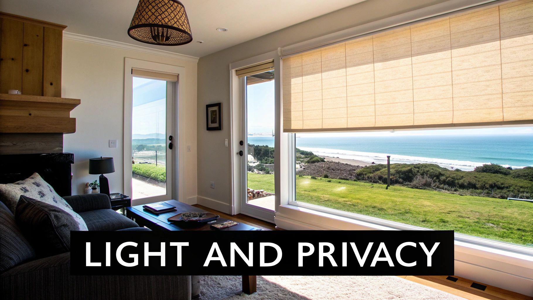 Modern living room with window blinds offering privacy and light control with an ocean view.