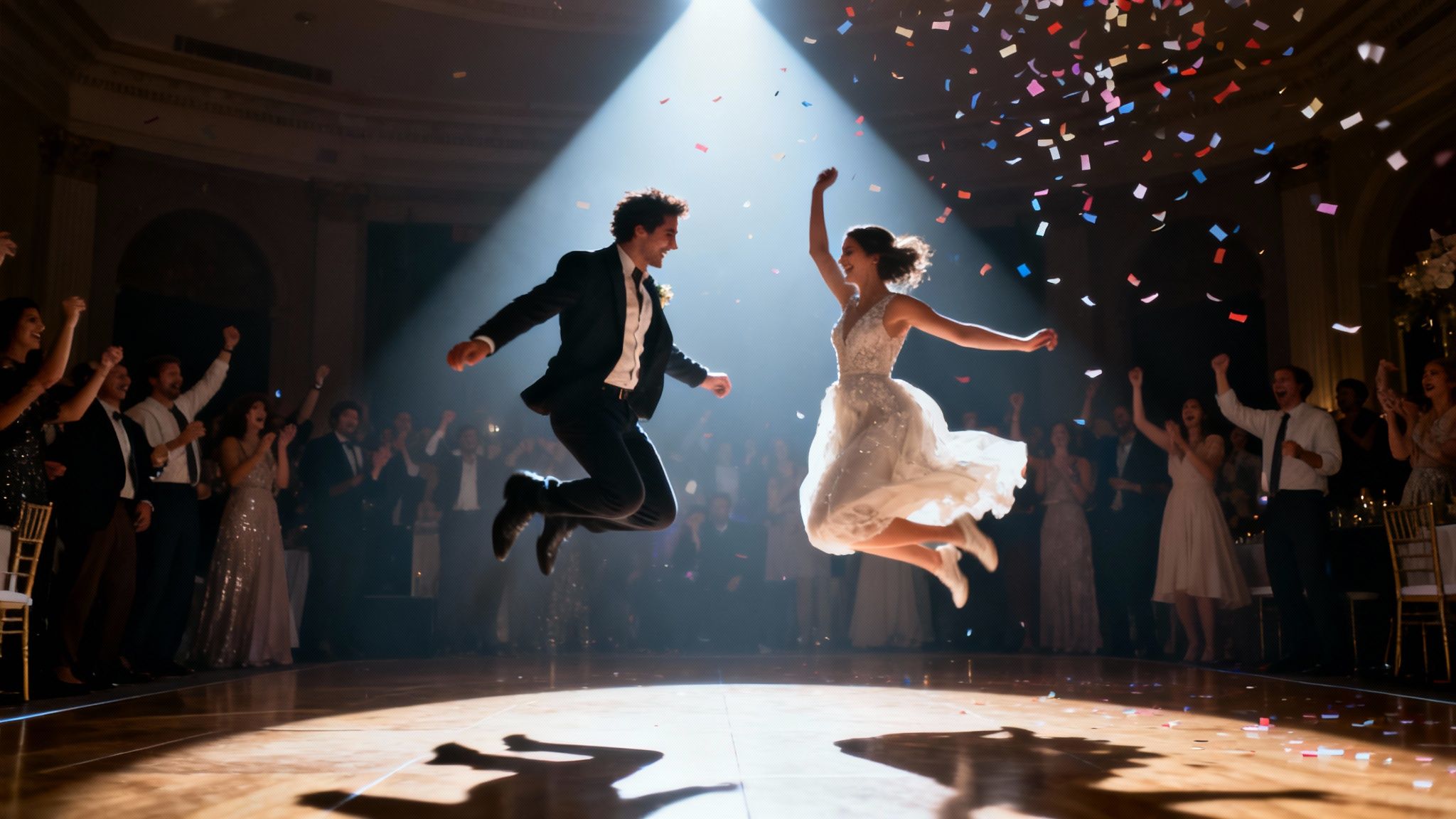 Newlyweds jump excitedly under a spotlight with colorful confetti falling at their wedding reception.