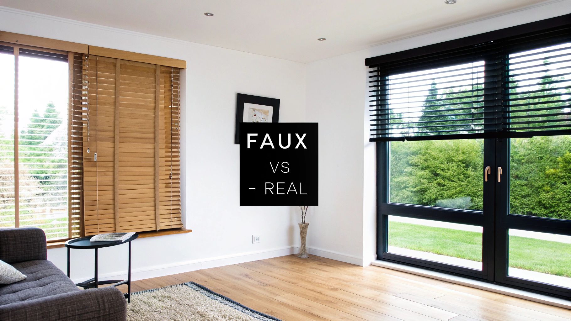 A room with two windows, showcasing different window blinds and a 'Faux vs Real' text overlay.