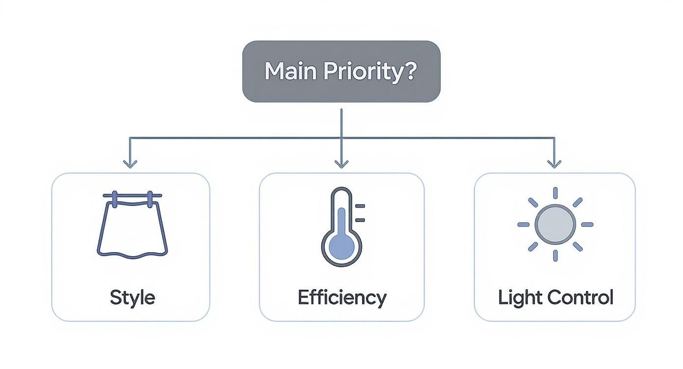 Decision flowchart showing three main priorities for window treatments: style, efficiency, and light control options