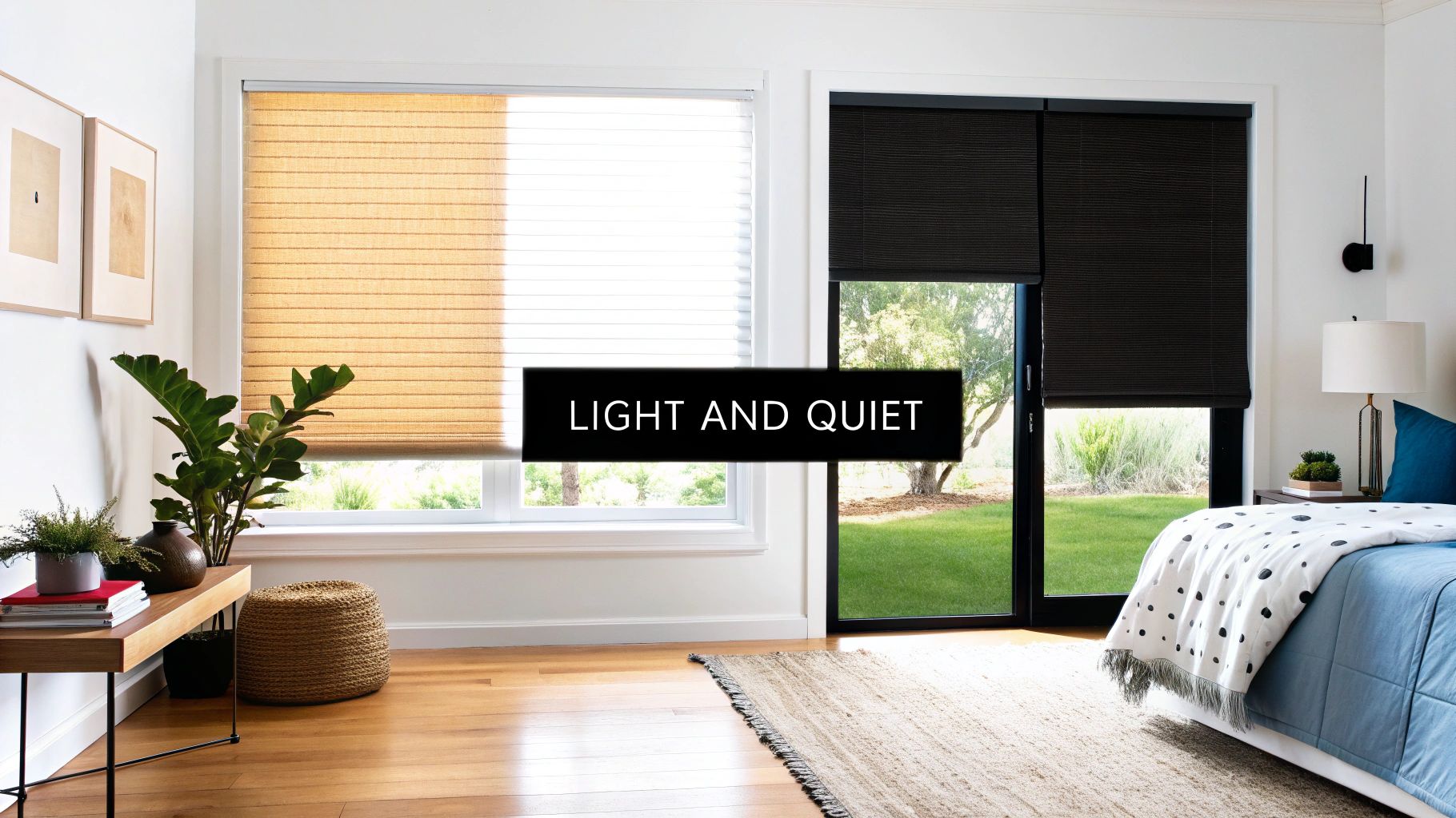 Bedroom with light-filtering cellular shades and dark blackout blinds for varying light.