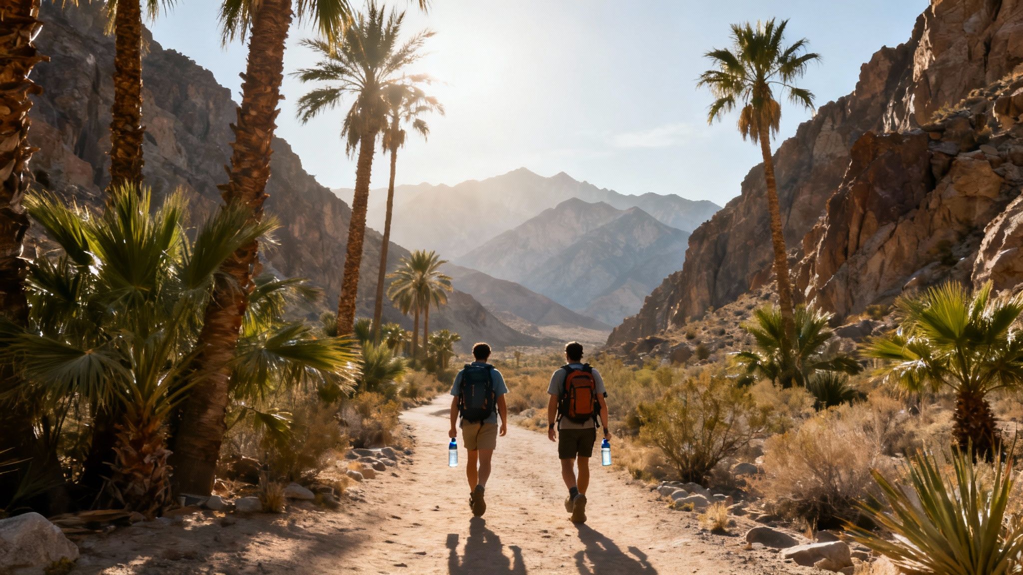 Two men hike on a sunny desert trail with palm trees and mountains in Palm Springs.