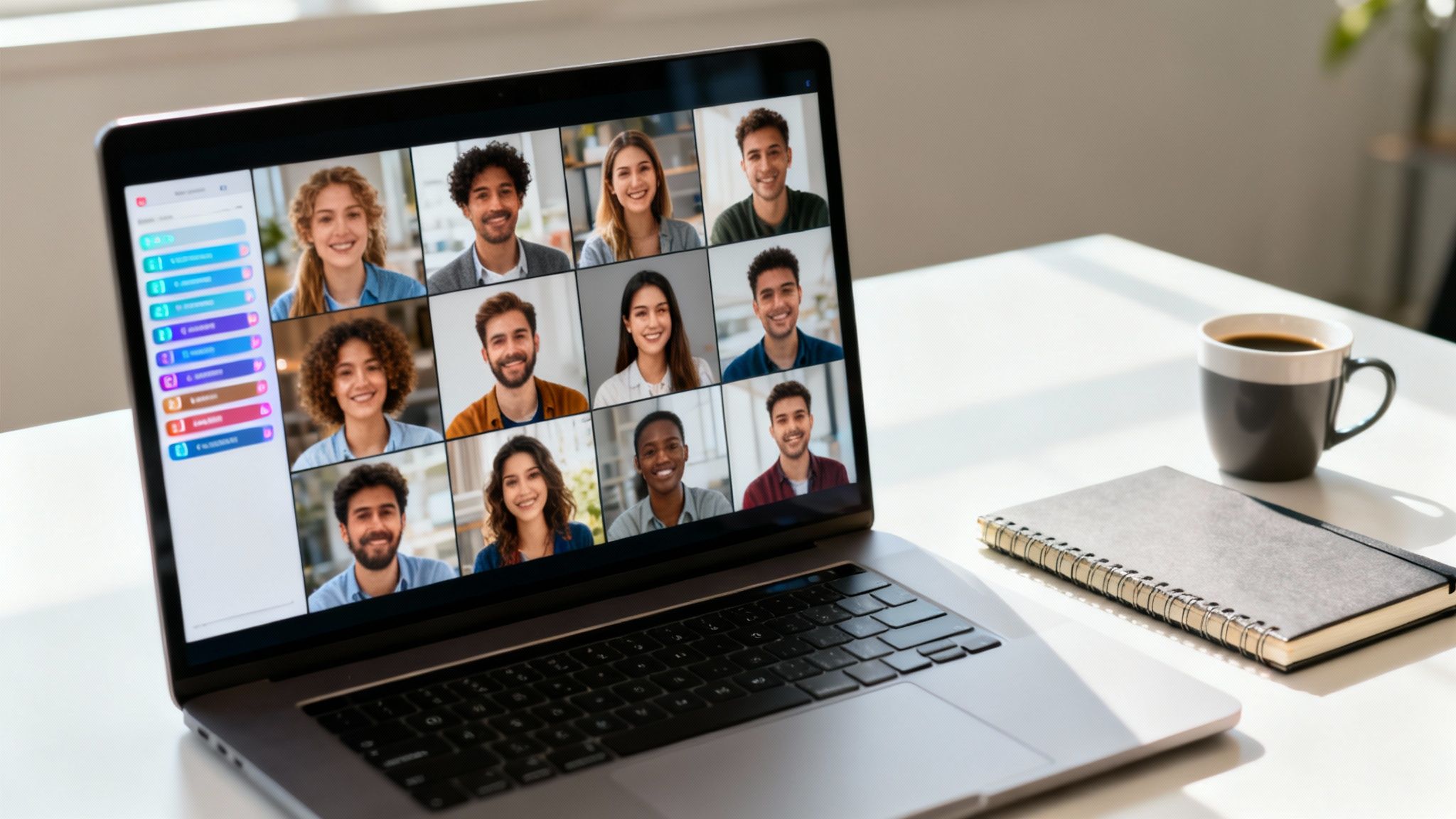 Laptop displaying a video conference with diverse smiling people, coffee, and notebook on a bright desk.