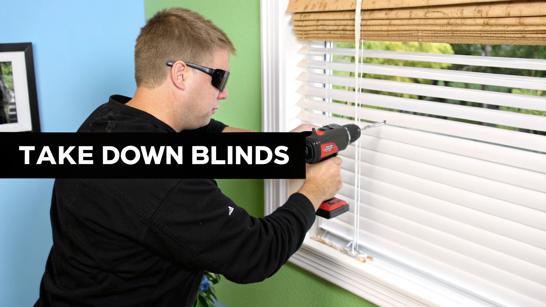 A close-up of Hunter Douglas horizontal blinds being adjusted.