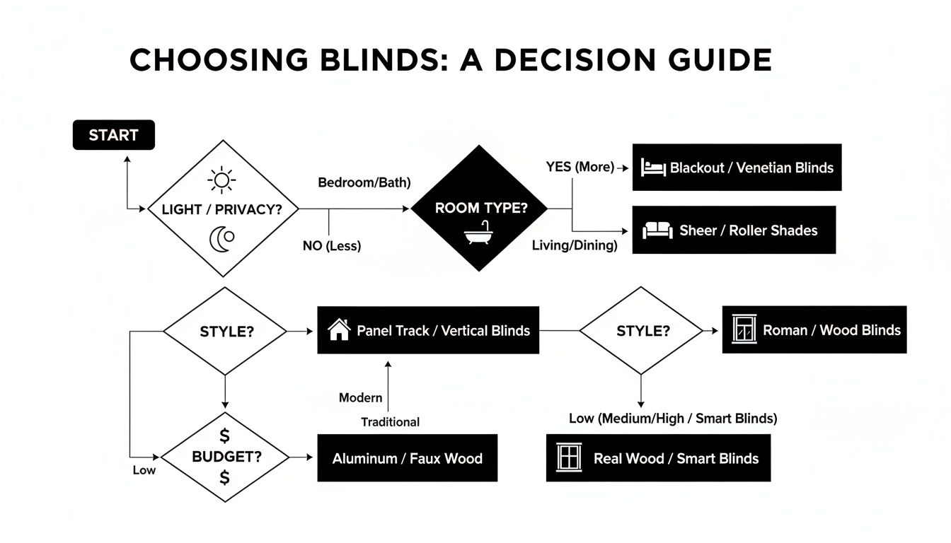 Flowchart decision guide for choosing window blinds based on light, privacy, room type, style, and budget.