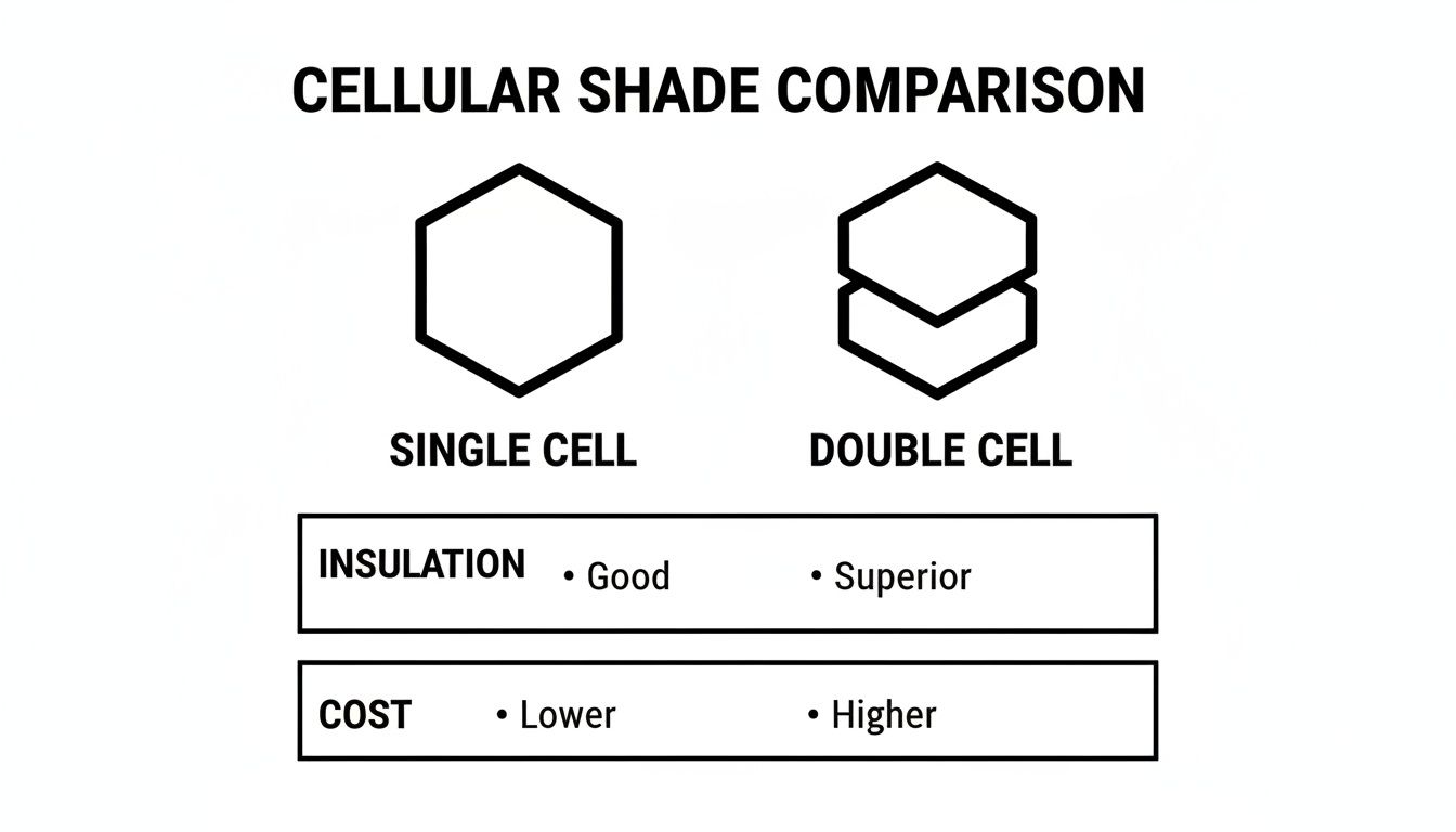 A comparison chart showing single cell vs. double cell cellular shades, detailing insulation and cost differences.
