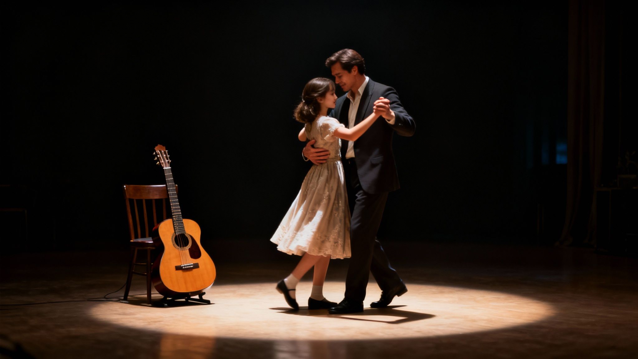 A father and daughter gracefully dance together in a spotlight on a dark stage, a guitar nearby.