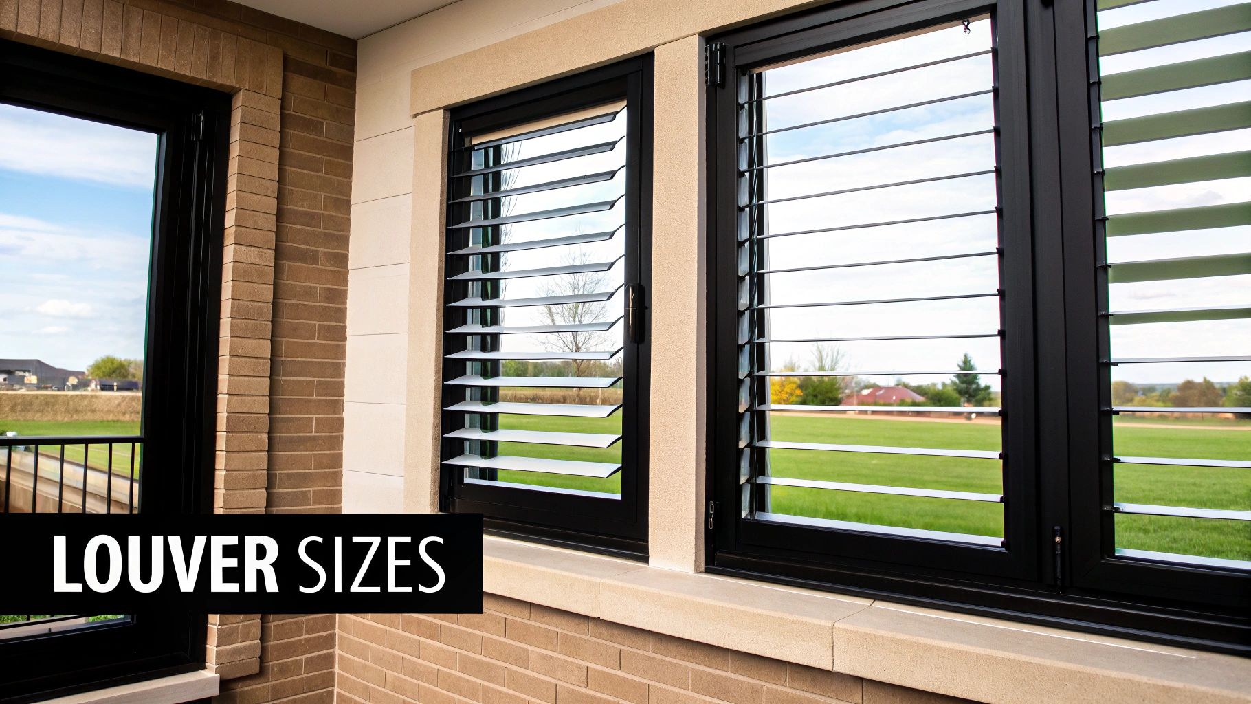 Exterior view of black-framed windows featuring adjustable light-colored louvers, overlooking a green landscape.