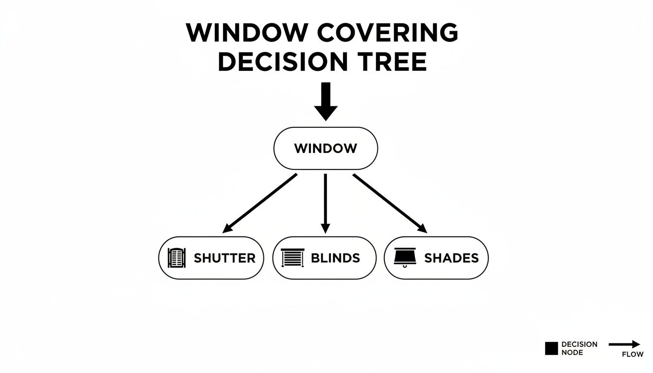A decision tree diagram illustrating window covering options: shutter, blinds, and shades.