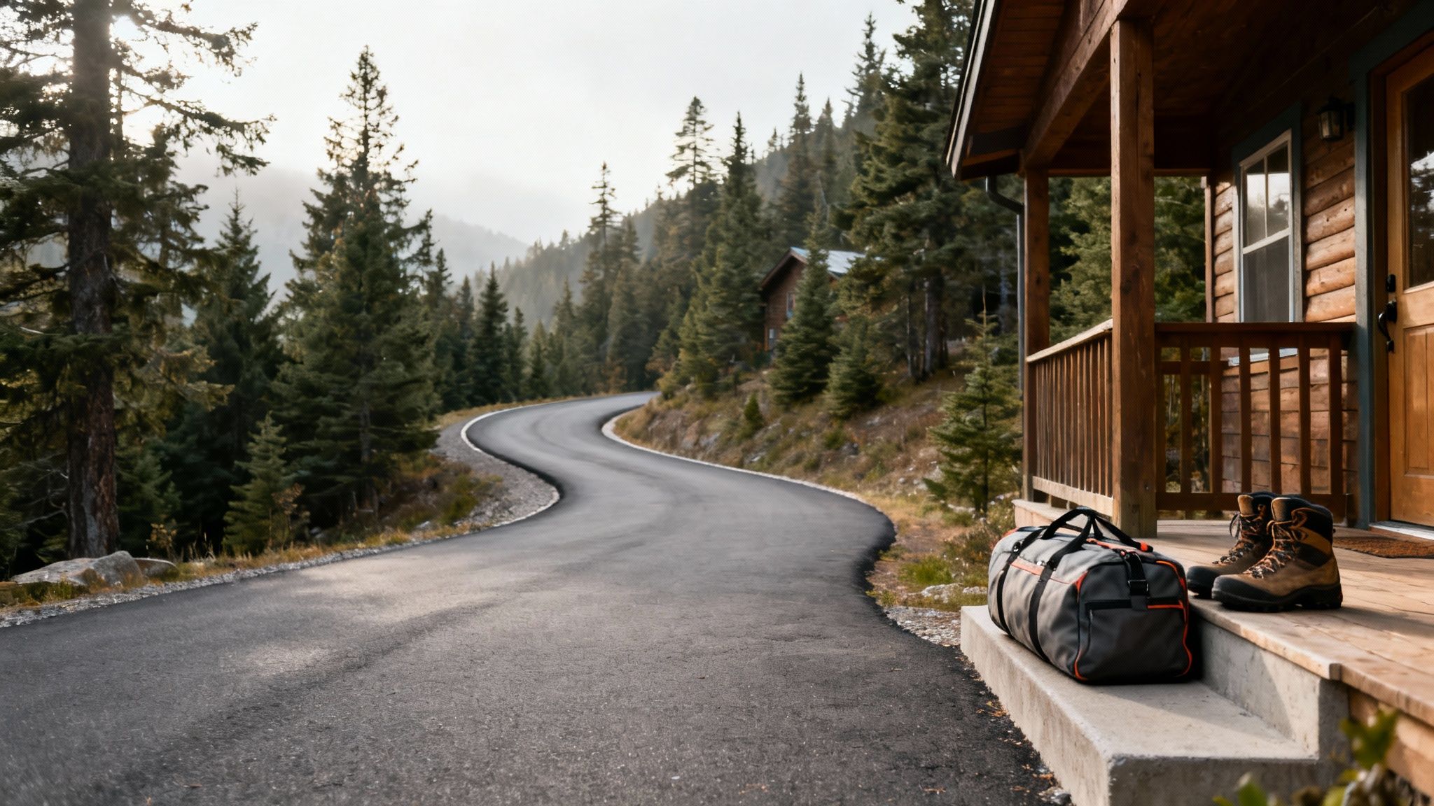A winding mountain road leads to a secluded log cabin, with a duffel bag and boots on the porch.