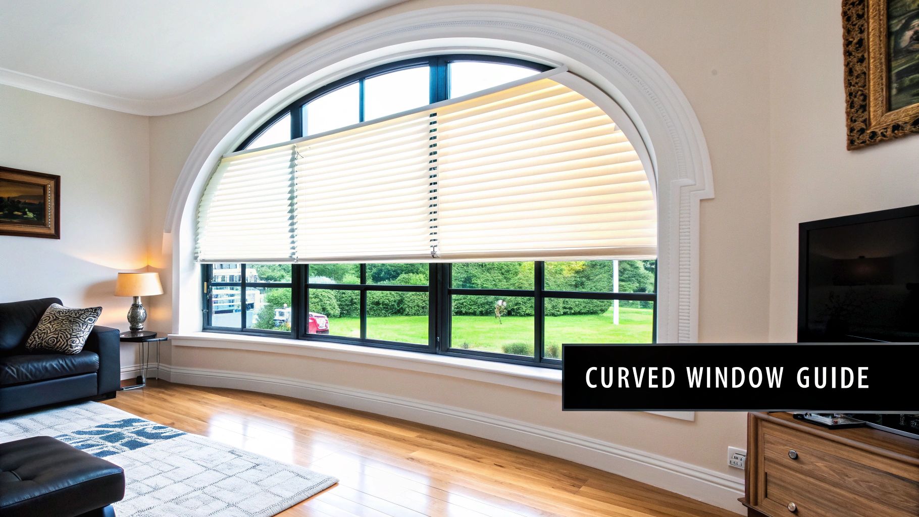 Elegant arched window with horizontal pleated blinds partially lowered in modern living room