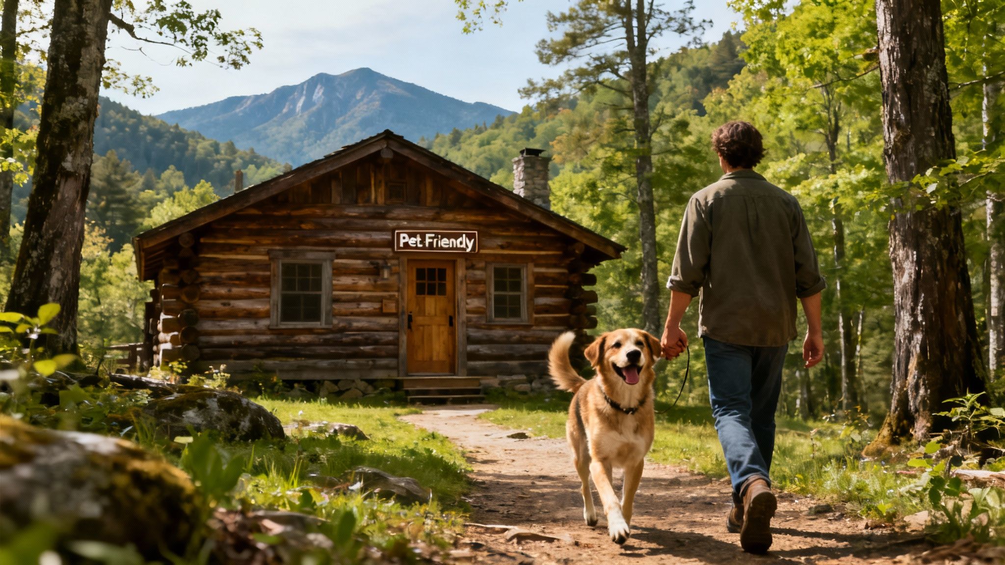 A happy dog and its owner enjoying a scenic view from a cabin porch in Pigeon Forge.