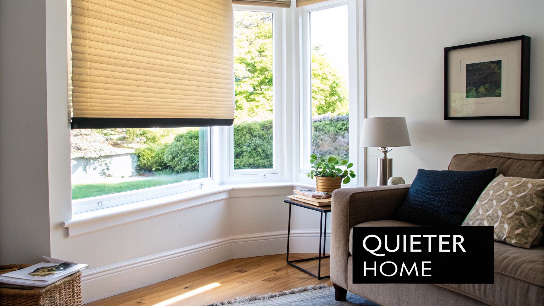 A cozy home interior featuring a brown sofa, a floor lamp, and light-colored cellular window blinds.