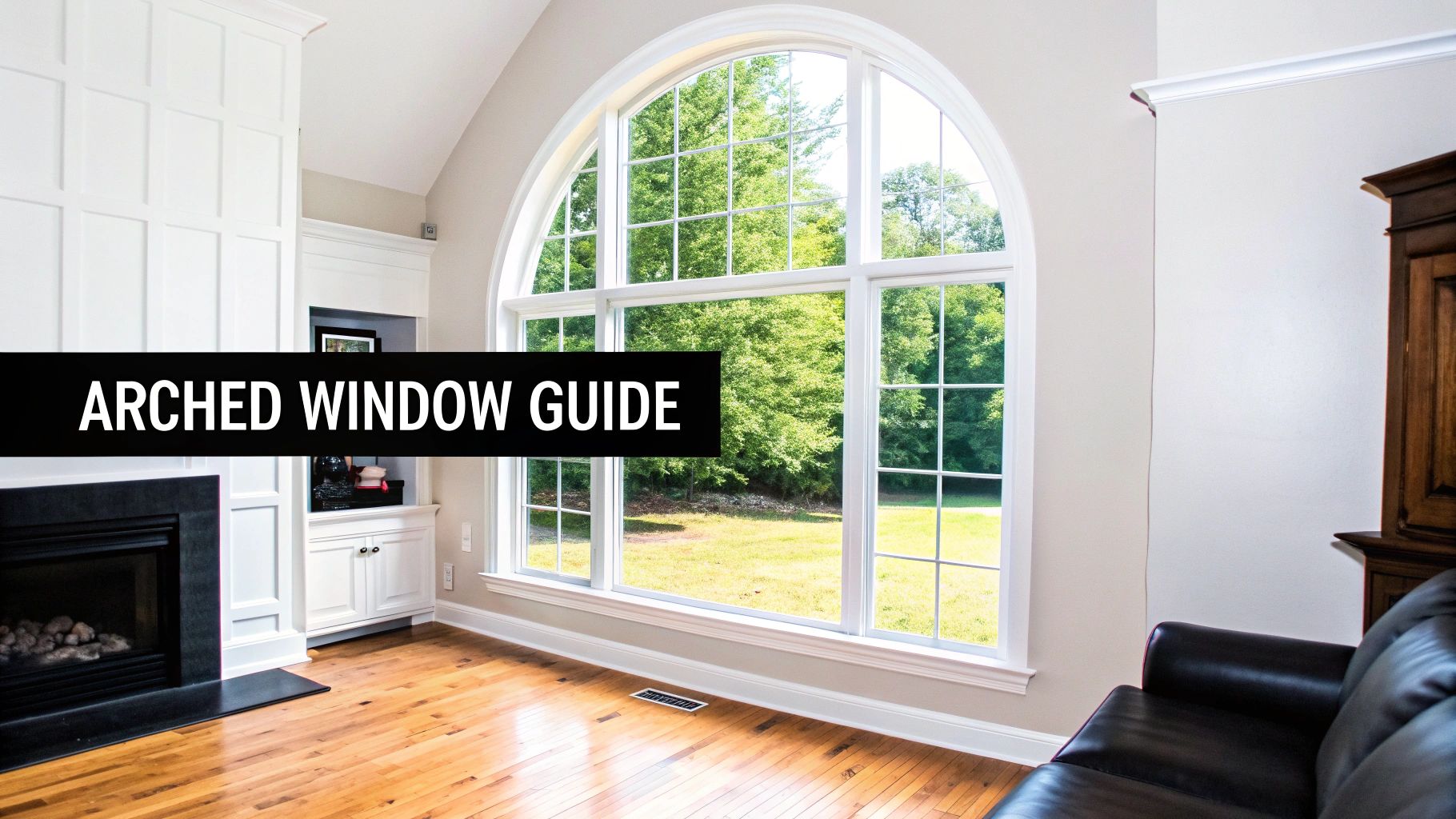 A spacious living room with a large arched window, white fireplace, and hardwood floors.