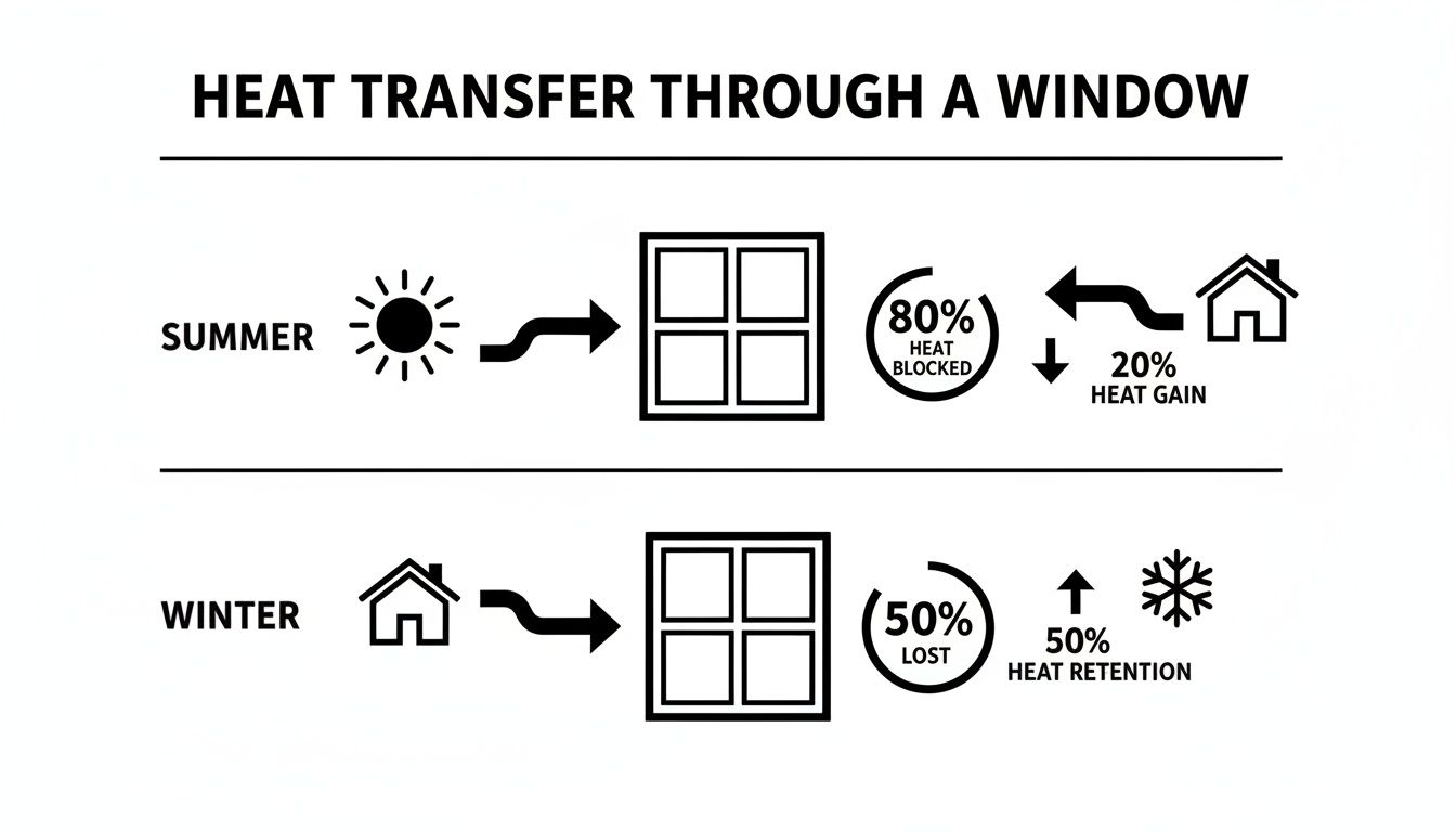 Diagram illustrating summer heat blocking (80%) and winter heat retention (50%) through a window.