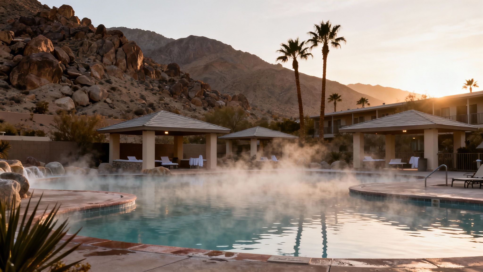 Steaming resort pool at sunset with mountains and palm trees in Palm Springs, California.