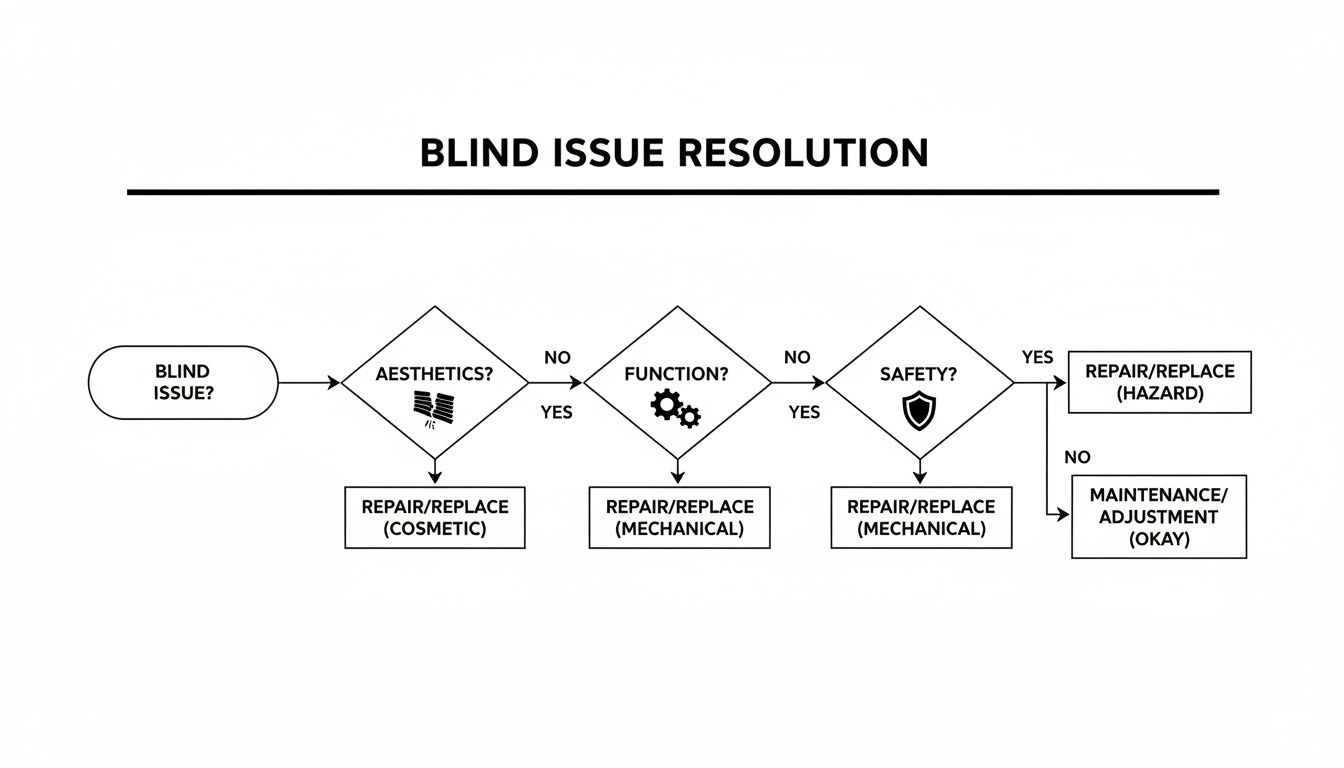 Flowchart detailing the blind issue resolution process, addressing aesthetics, function, and safety concerns.