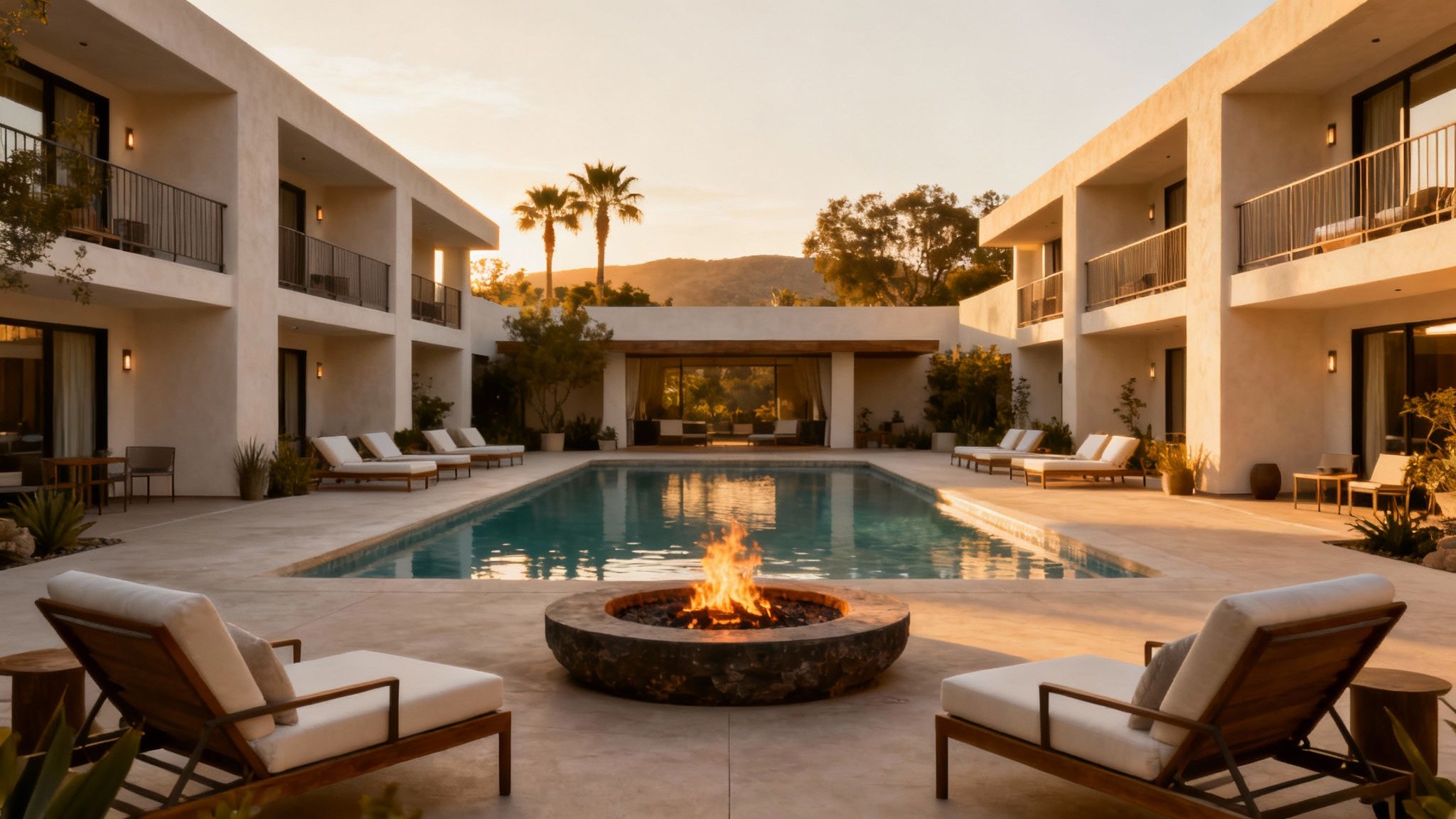 Friends laughing and celebrating in the stylish, sun-drenched courtyard of The Muse Hotel Palm Springs.