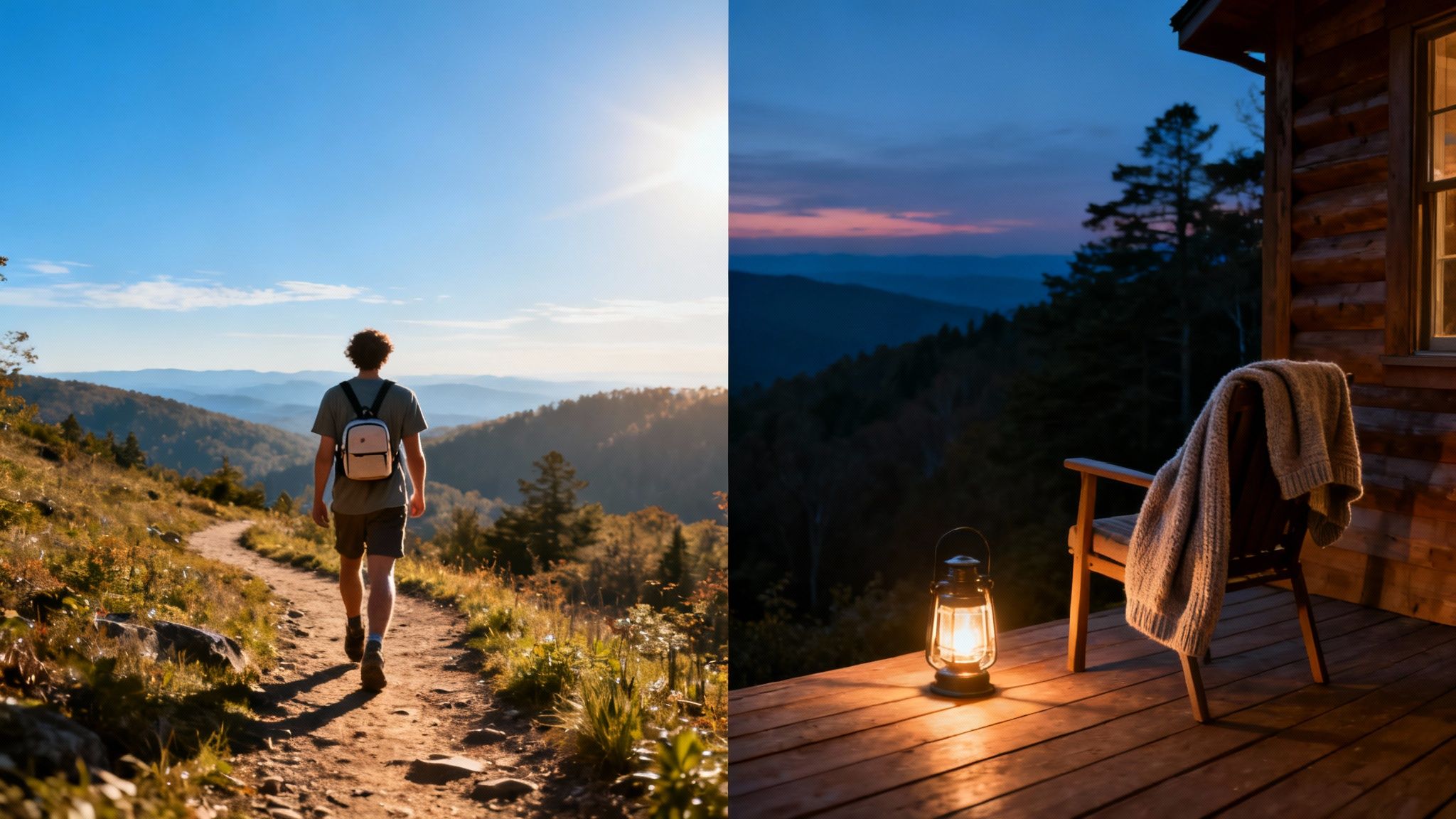 A split image: a hiker on a sunny mountain trail and a cabin porch at dusk with a lantern.