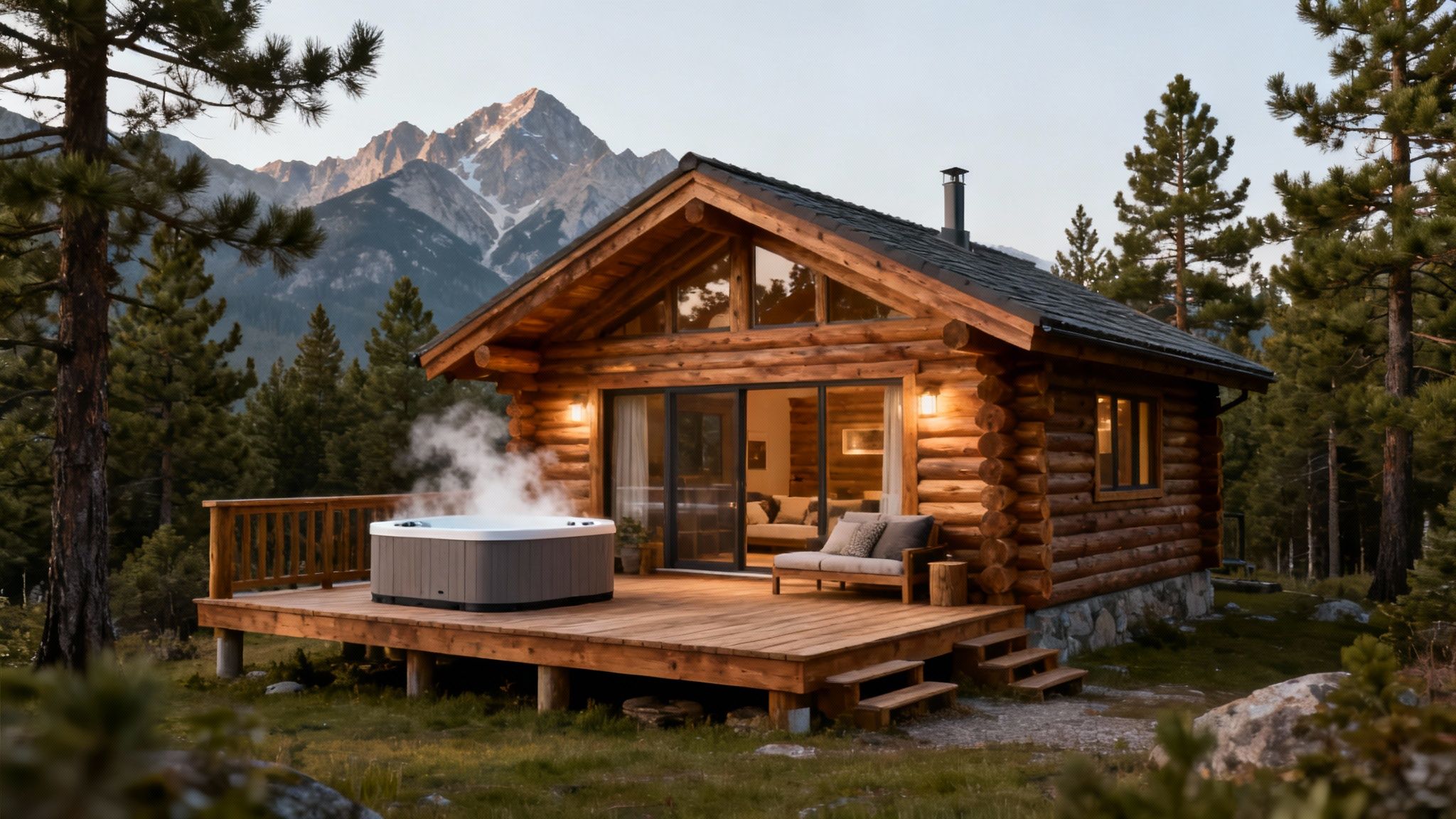 A luxury log cabin with a hot tub on the deck overlooking the Smoky Mountains.