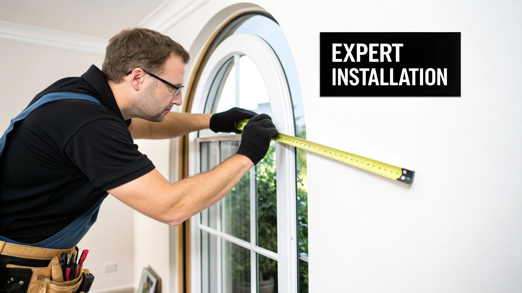 Professional installer measuring arched window with tape measure for custom blind installation service