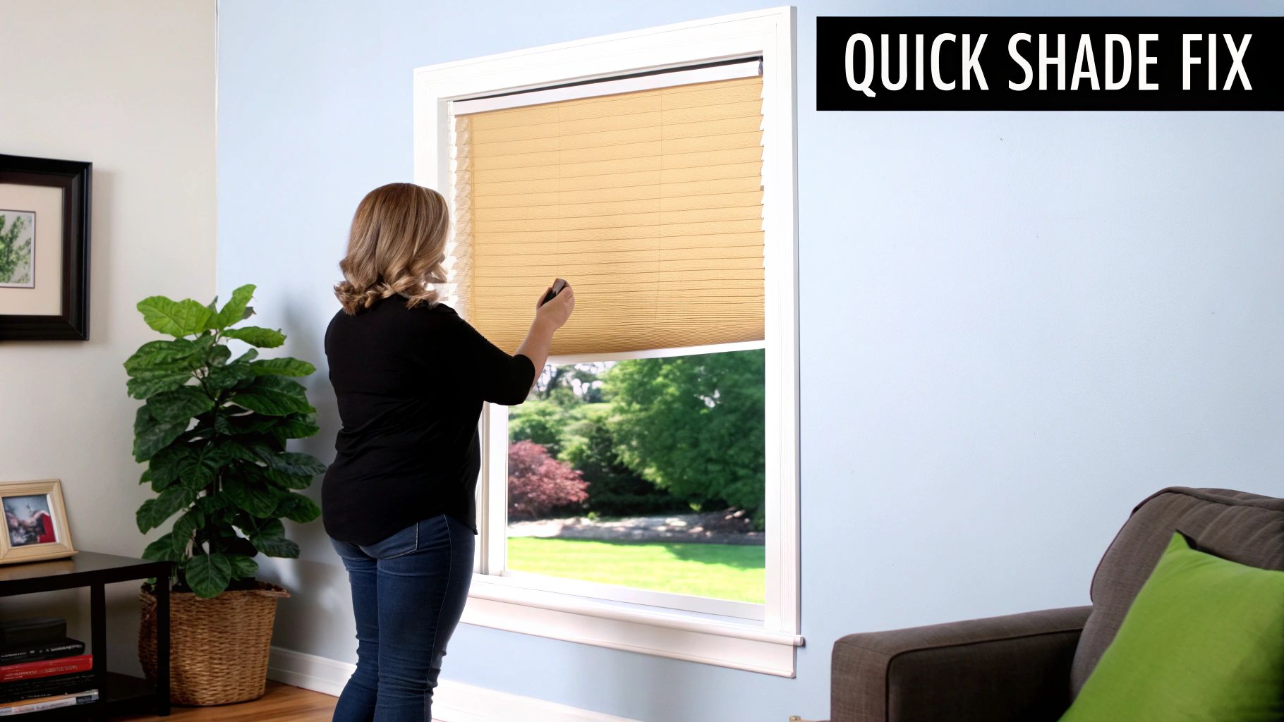 A woman uses a remote to adjust light brown cellular shades on a bright window.