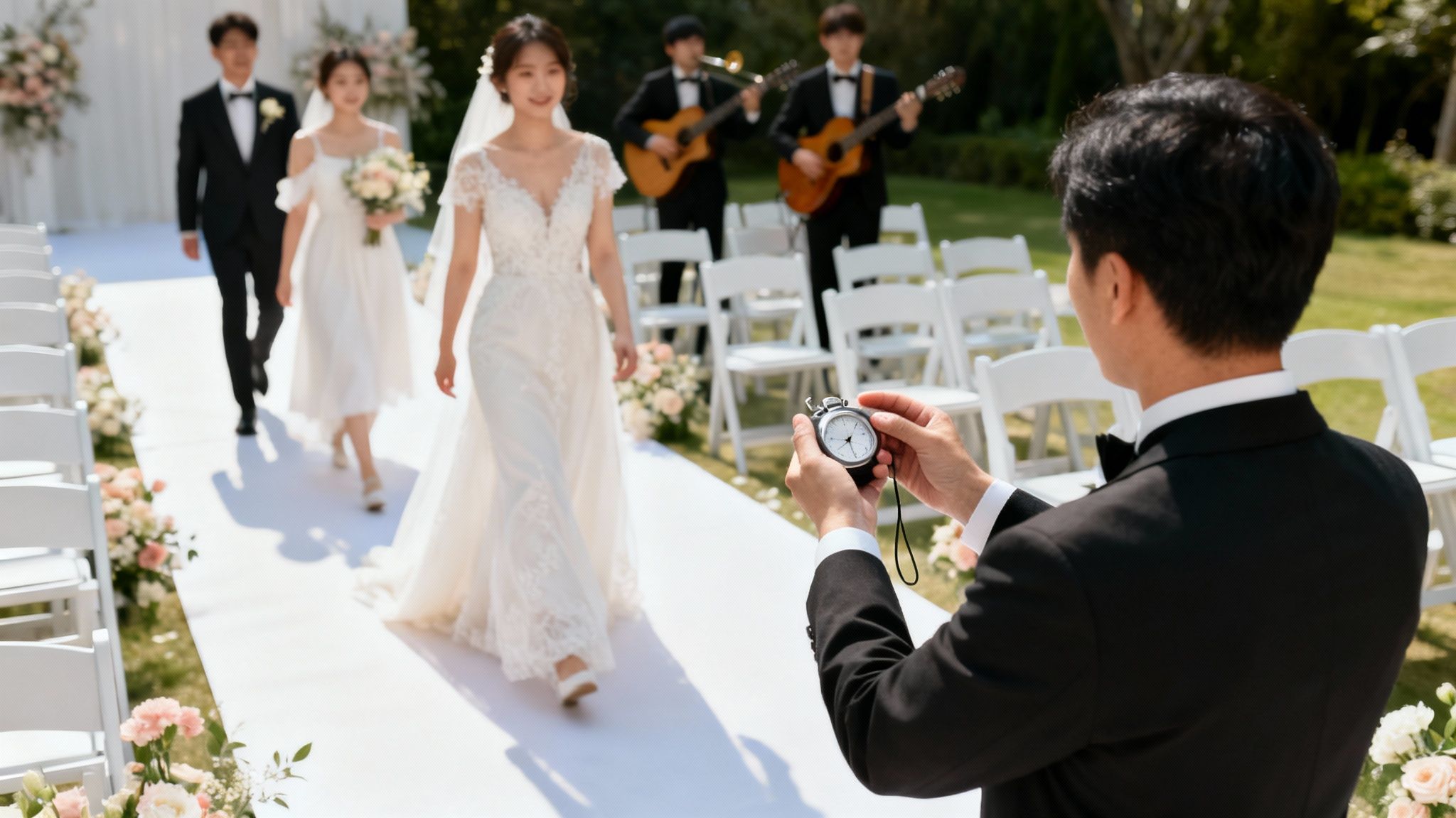 A man in a tuxedo uses a stopwatch to time a bride&#39;s wedding procession down an outdoor aisle.