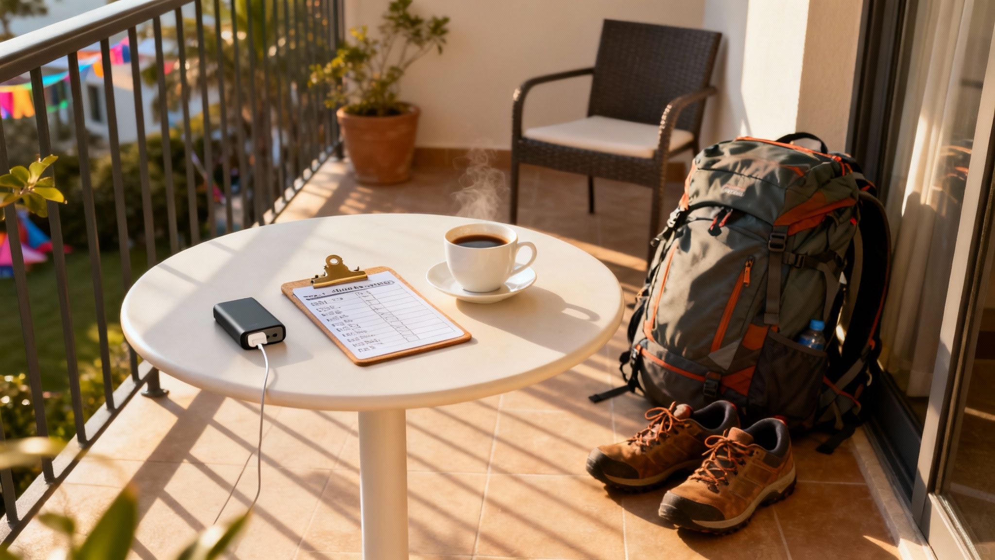 A balcony scene with coffee, a packing list, power bank, backpack, and hiking boots, ready for adventure.