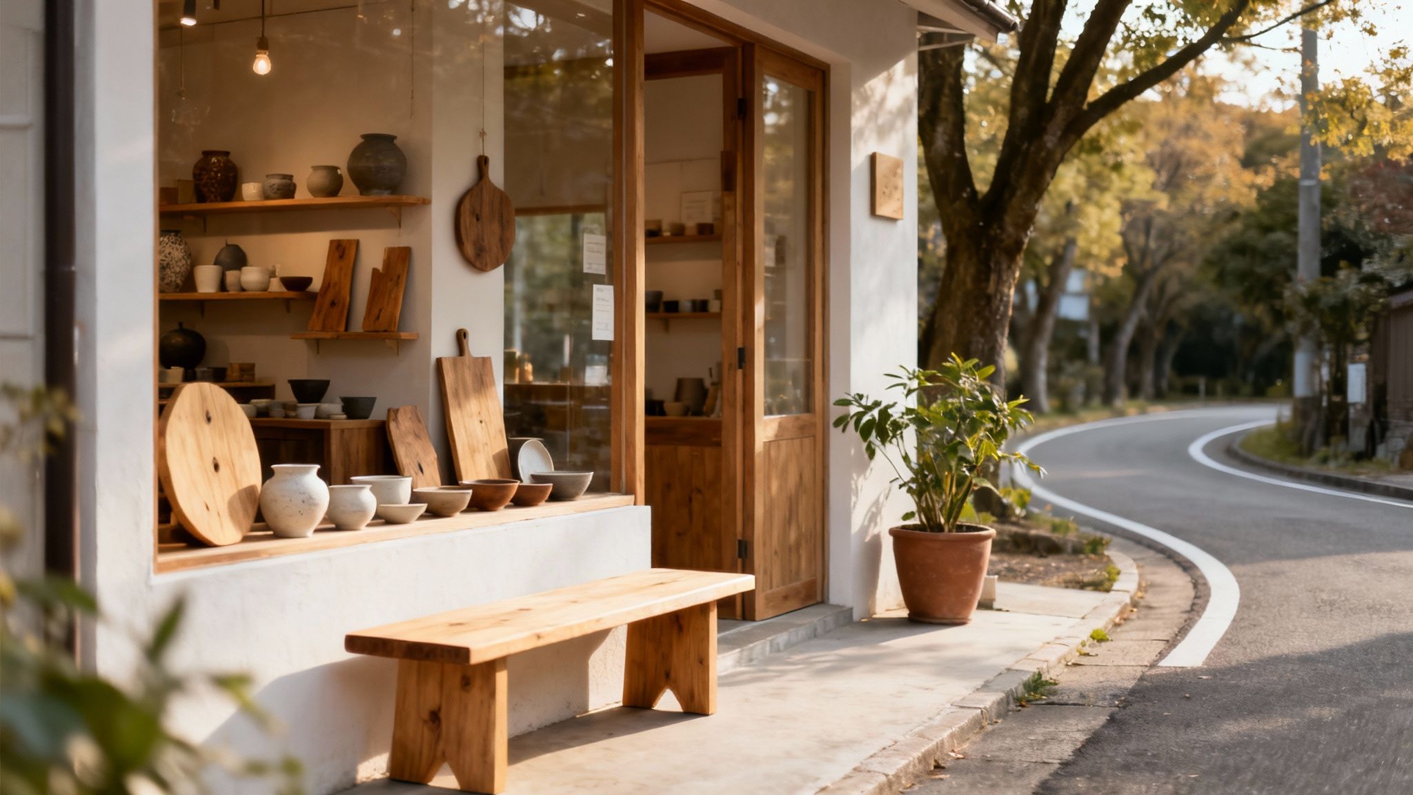 A charming pottery shop with a wooden bench outside, nestled beside a winding road lined with autumn trees.