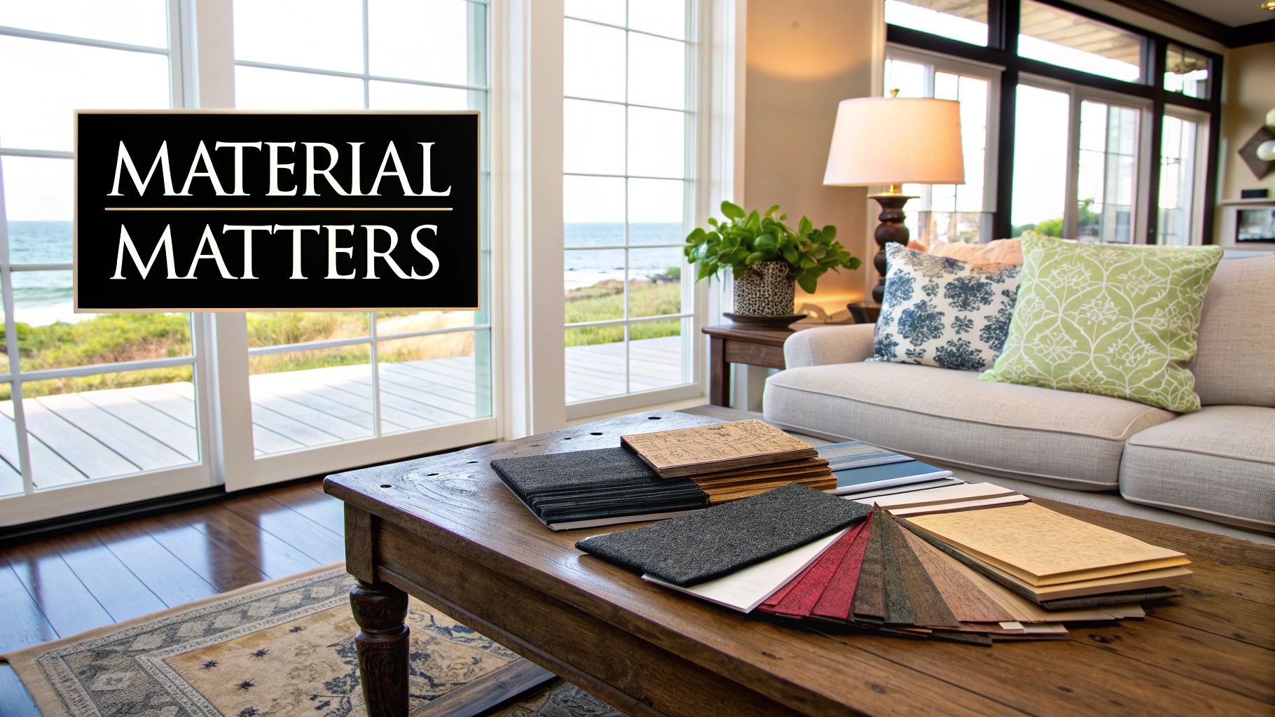Elegant living room featuring large windows with ocean view, material samples, and a comfortable sofa.