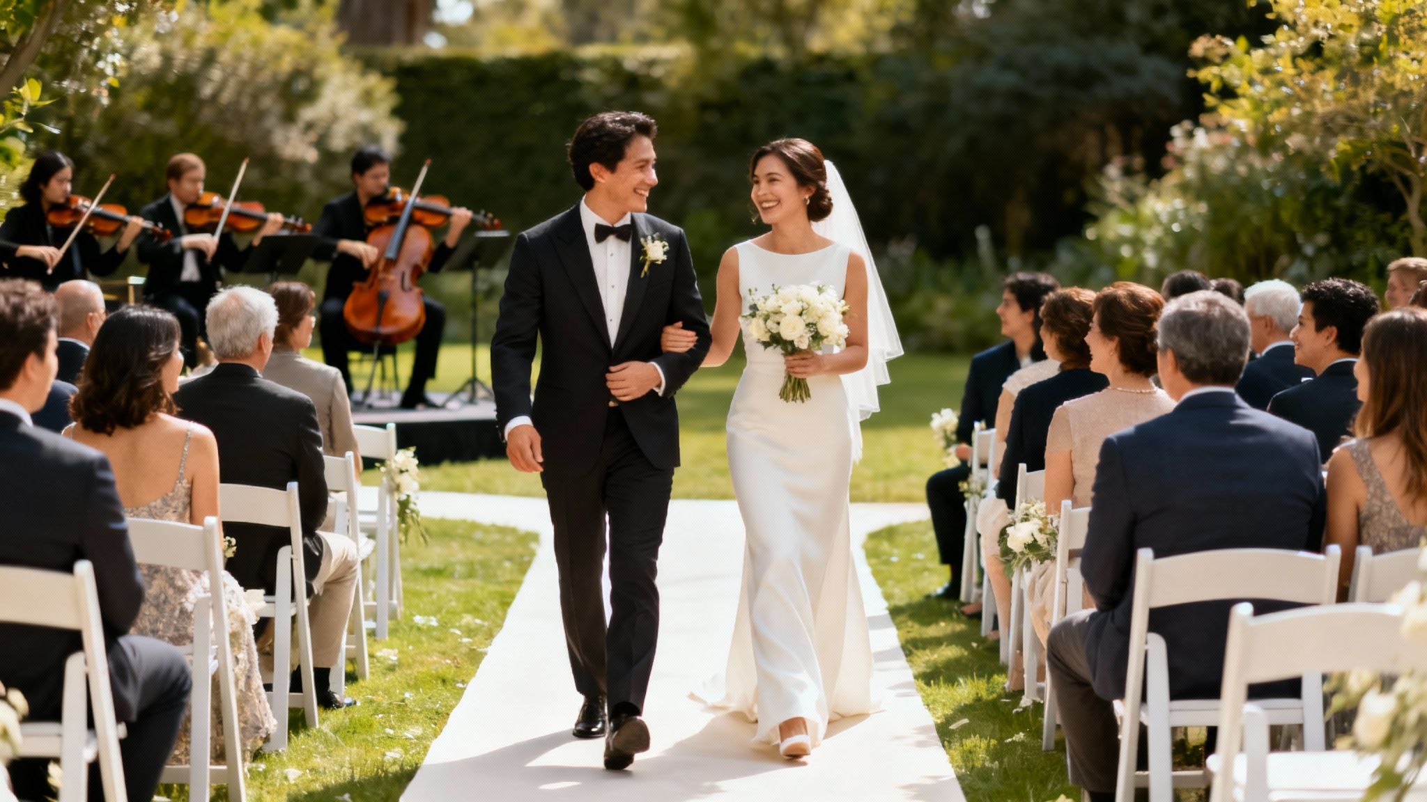A smiling bride and groom walk arm-in-arm down the aisle at their outdoor wedding.