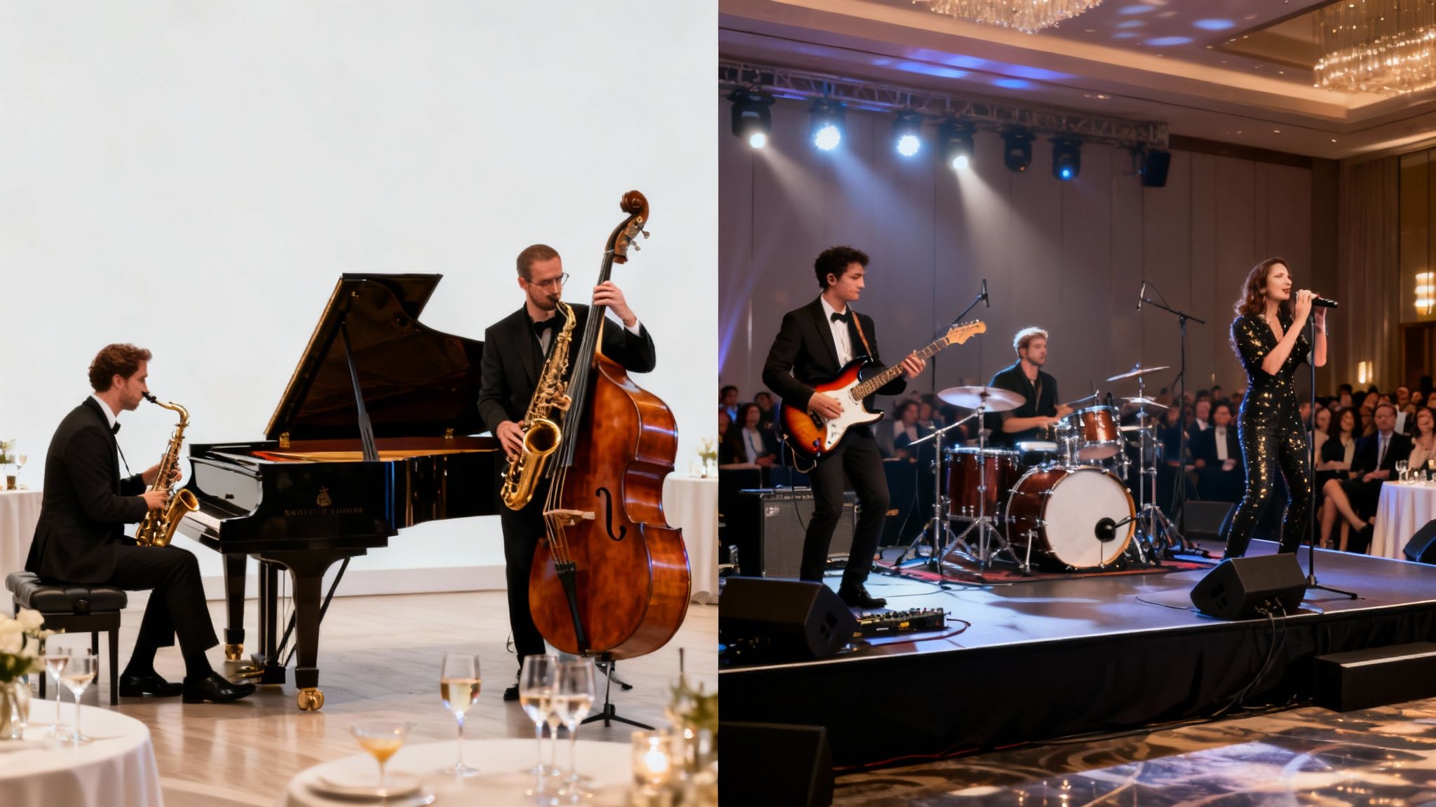 Two professional bands performing at a corporate event: a jazz trio and a rock/pop band with a female singer.