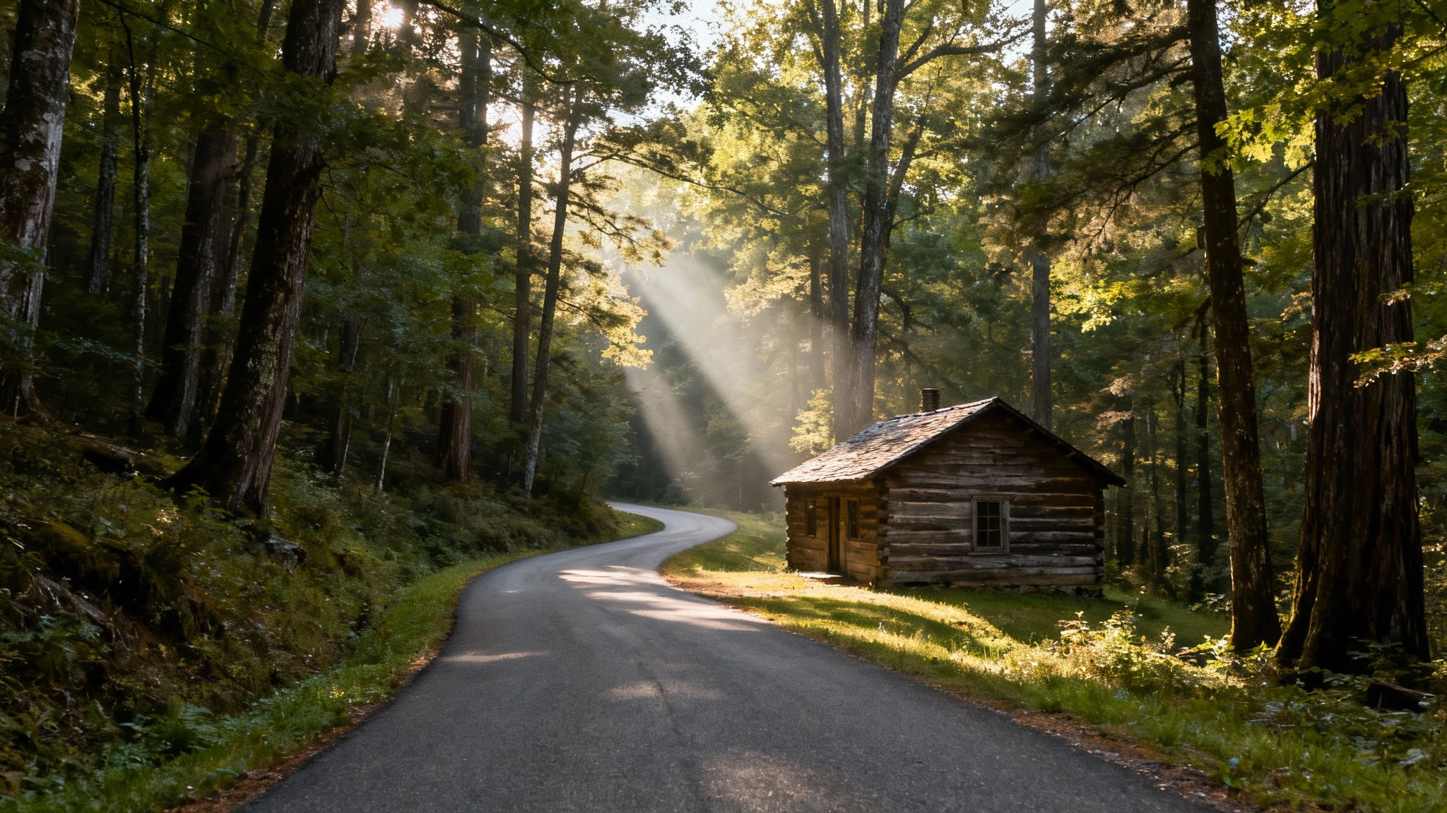 Sunlight streams through tall trees onto a winding road and an old log cabin in a lush forest.