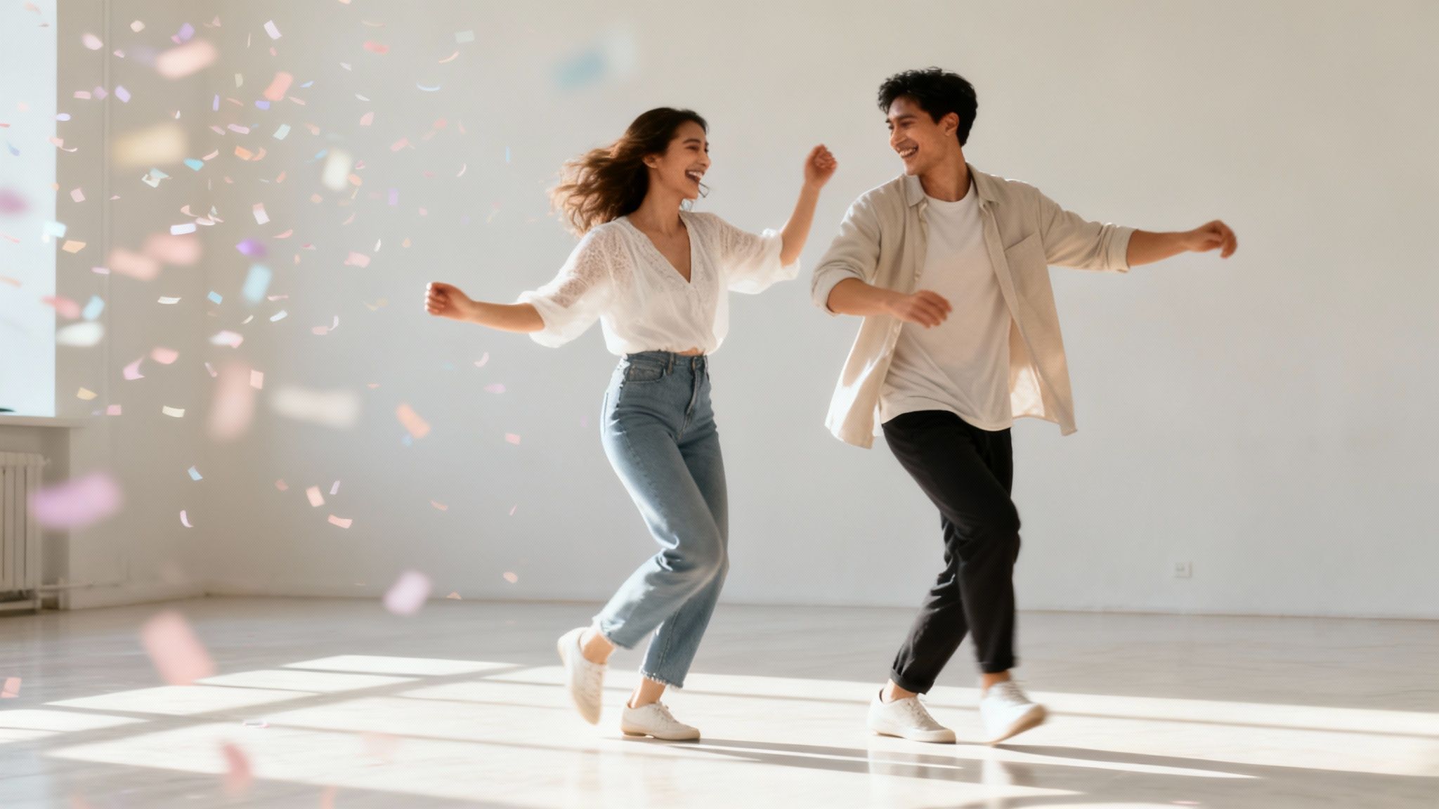A happy couple dancing with joy while colorful confetti falls around them in a bright room.