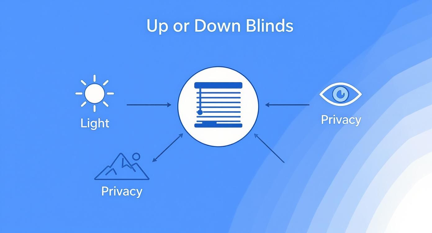 Diagram showing how up or down blinds control light, outdoor privacy, and indoor privacy.