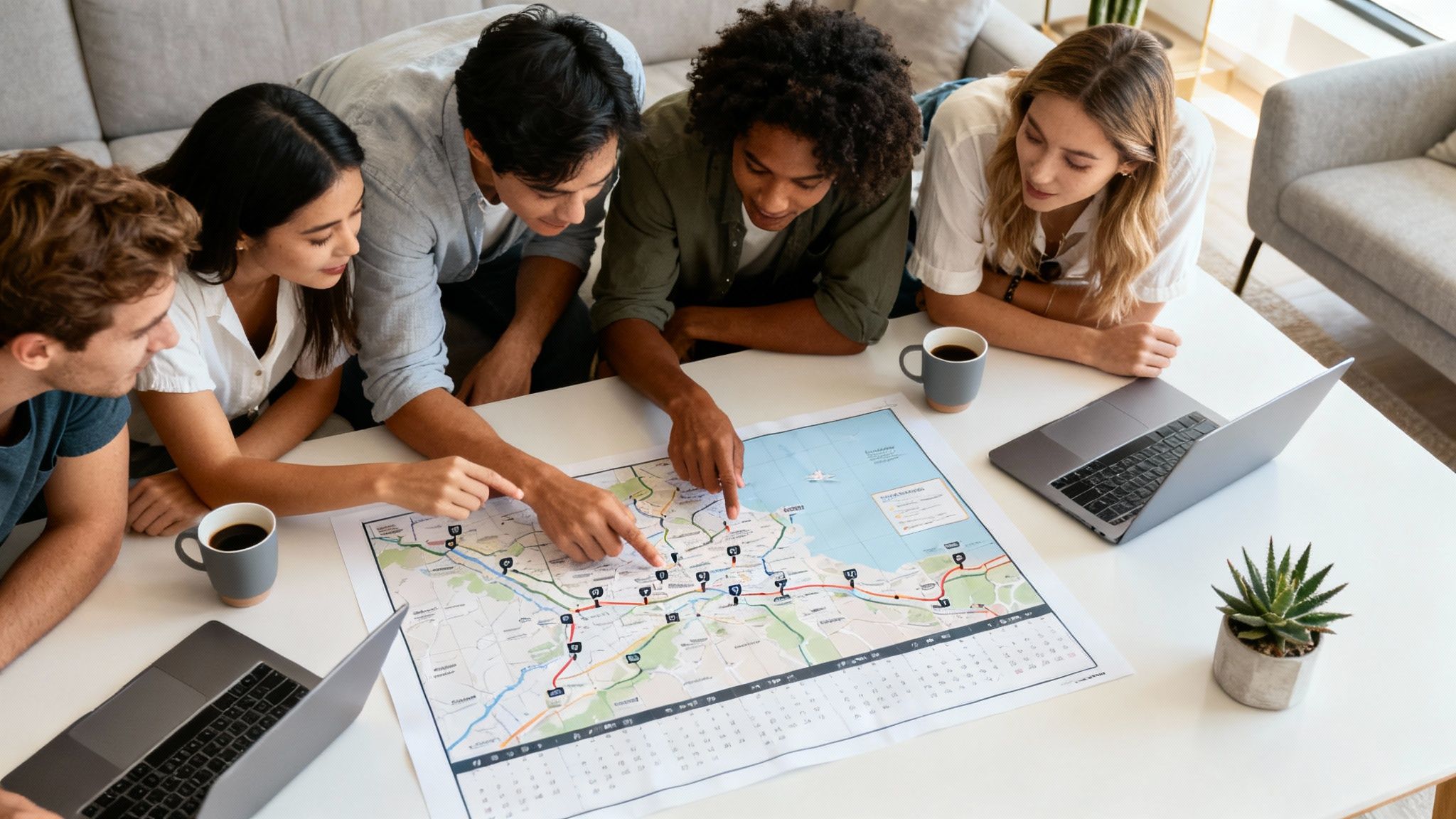 A group of friends laughing and enjoying a meal together at an outdoor table.