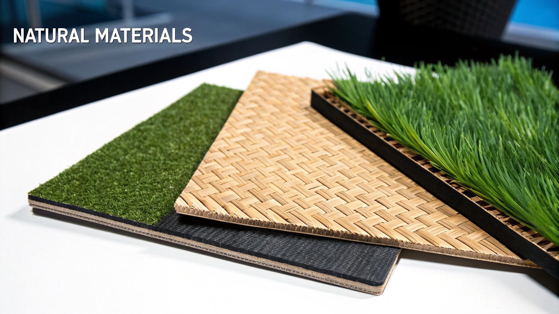 Samples of various natural materials, including artificial grass, woven wood, and green plant fibers.