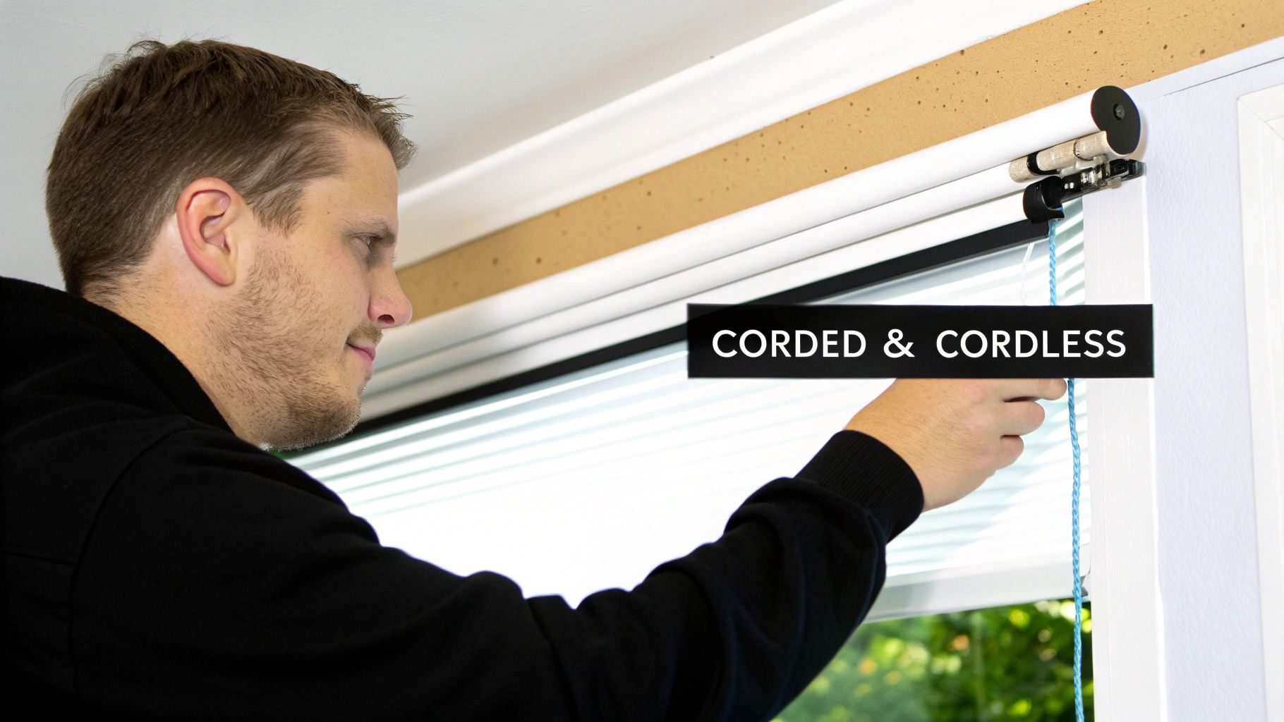 A man demonstrates adjusting white window blinds, showcasing both corded and cordless options.