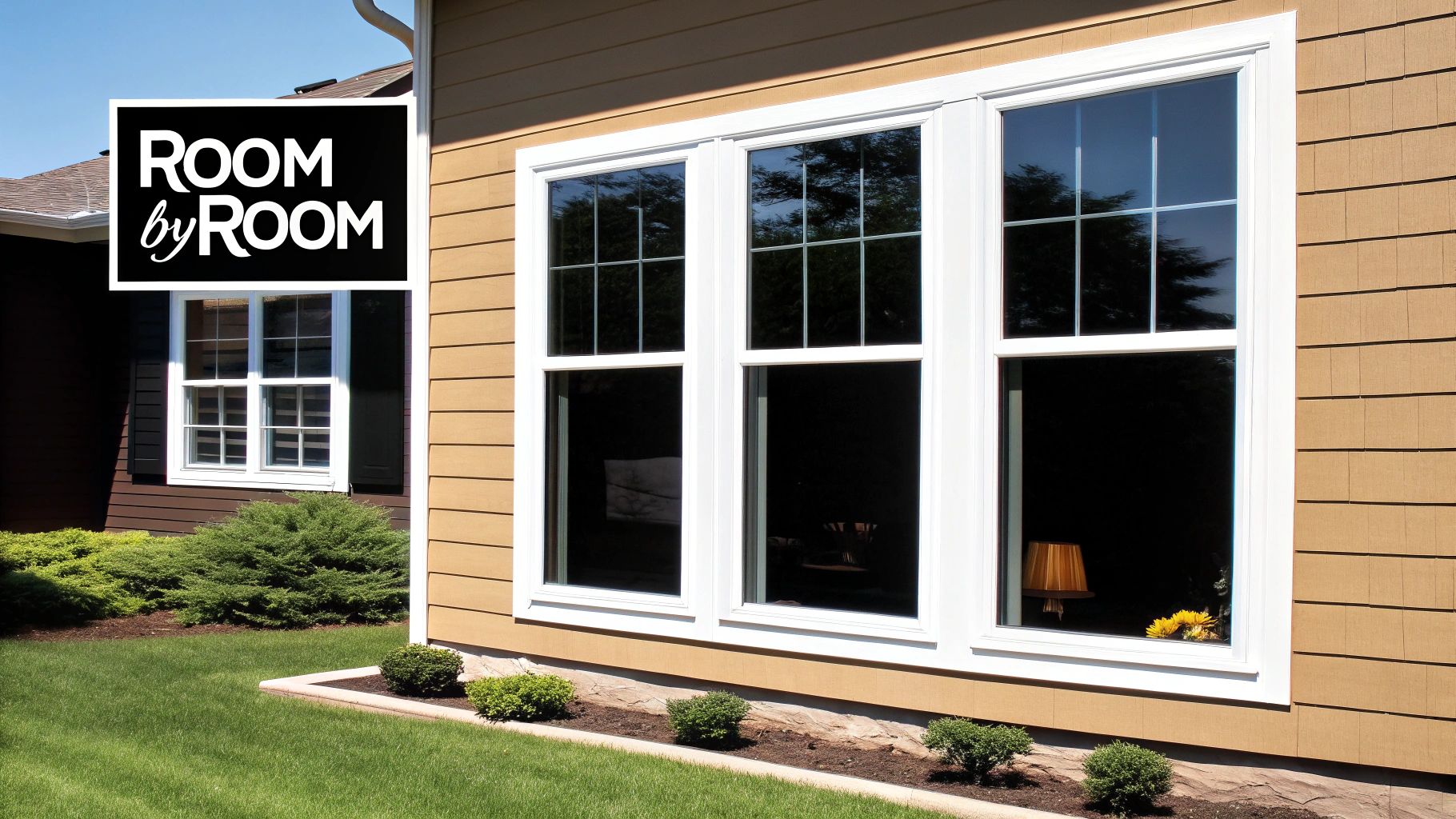 A modern home office with large windows featuring sleek, glare-reducing solar shades.