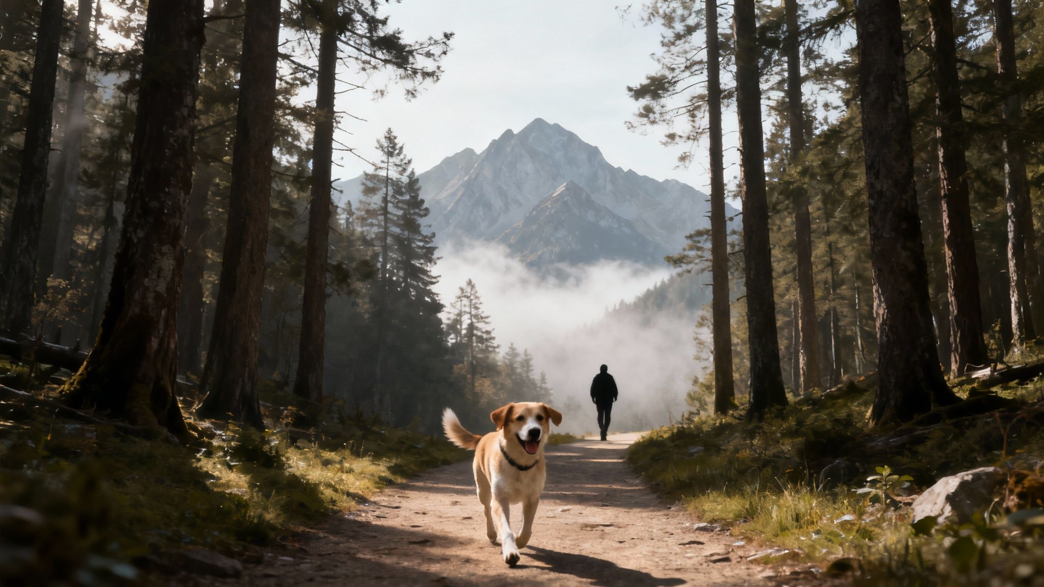 A person hiking with their dog on a scenic mountain trail in the Smoky Mountains.