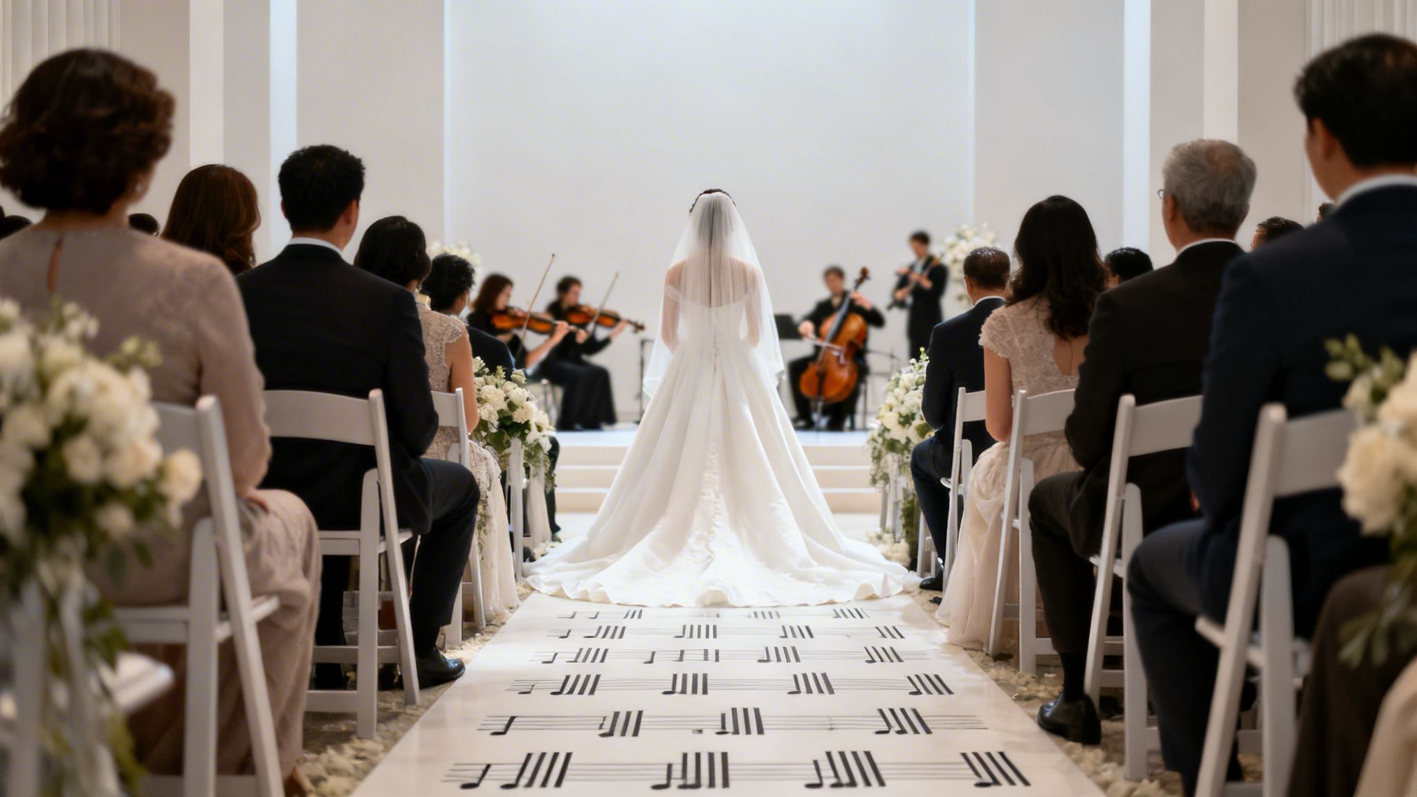 Elegant wedding ceremony with a bride processing down an aisle adorned with musical notes, musicians play.